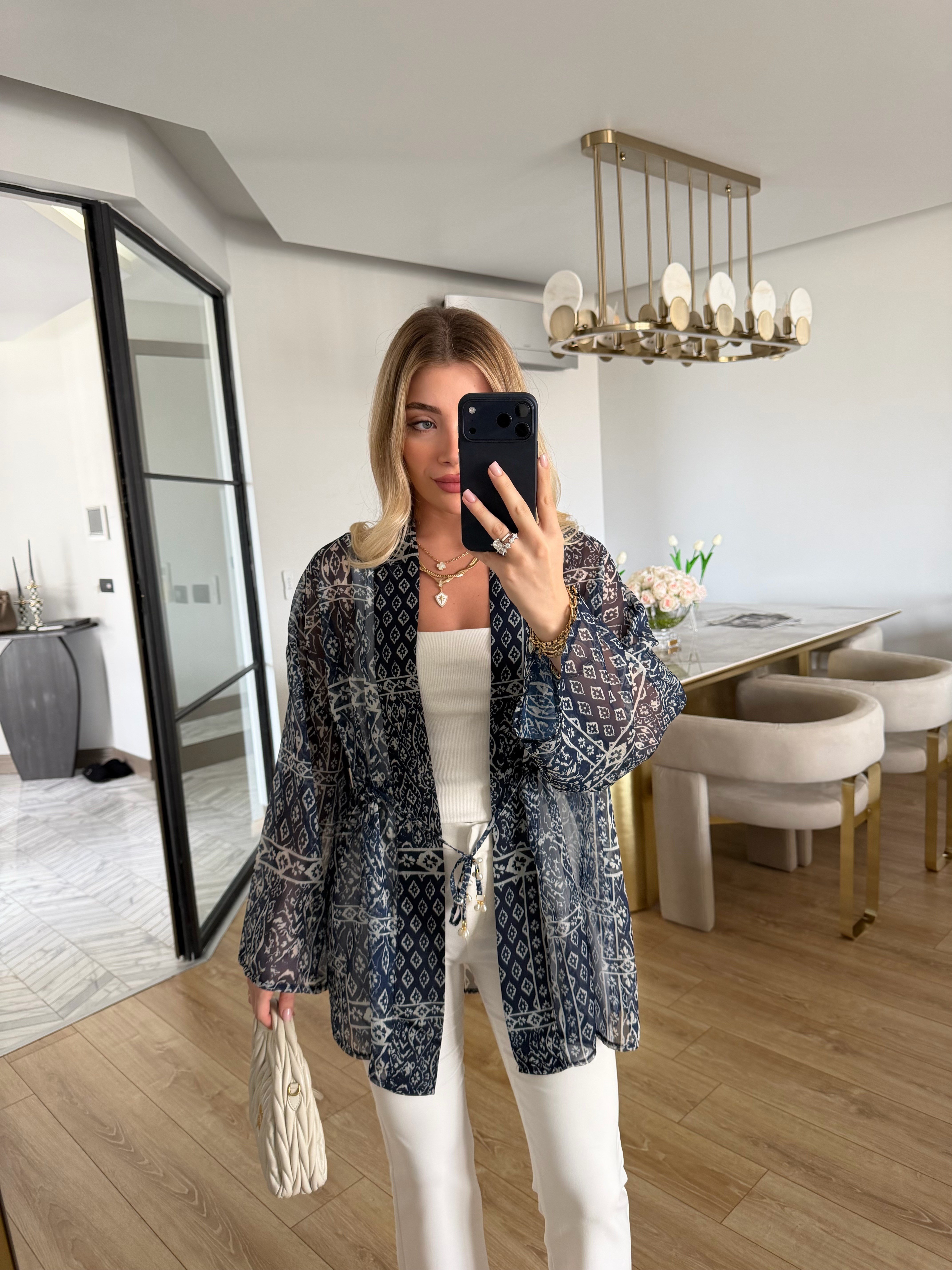 Lacivert Etnik Desenli Ara Boy Kimono 2130