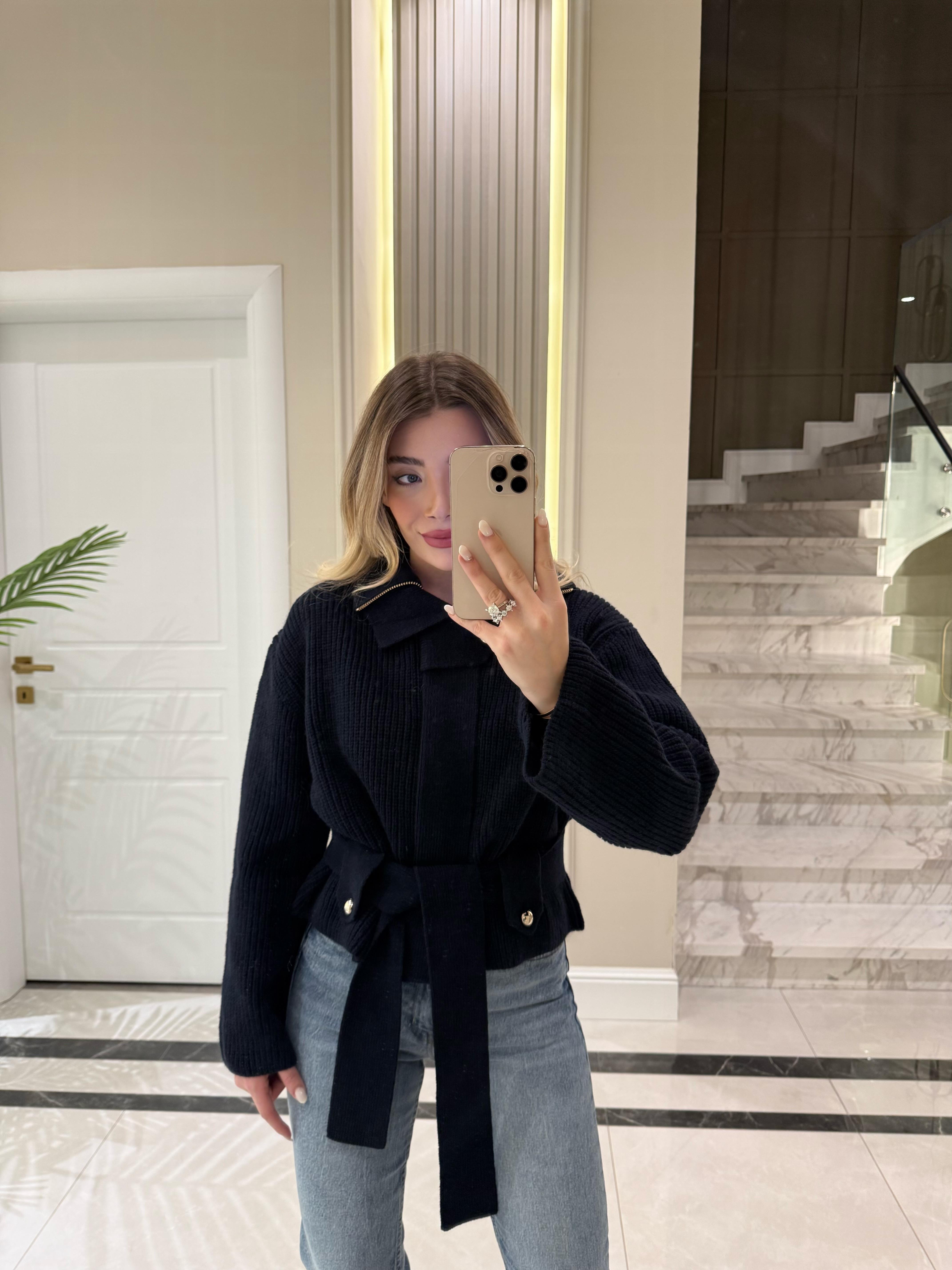 Lacivert Fermuarlı Kemerli Düğmeli Yünlü Triko Hırka -60988