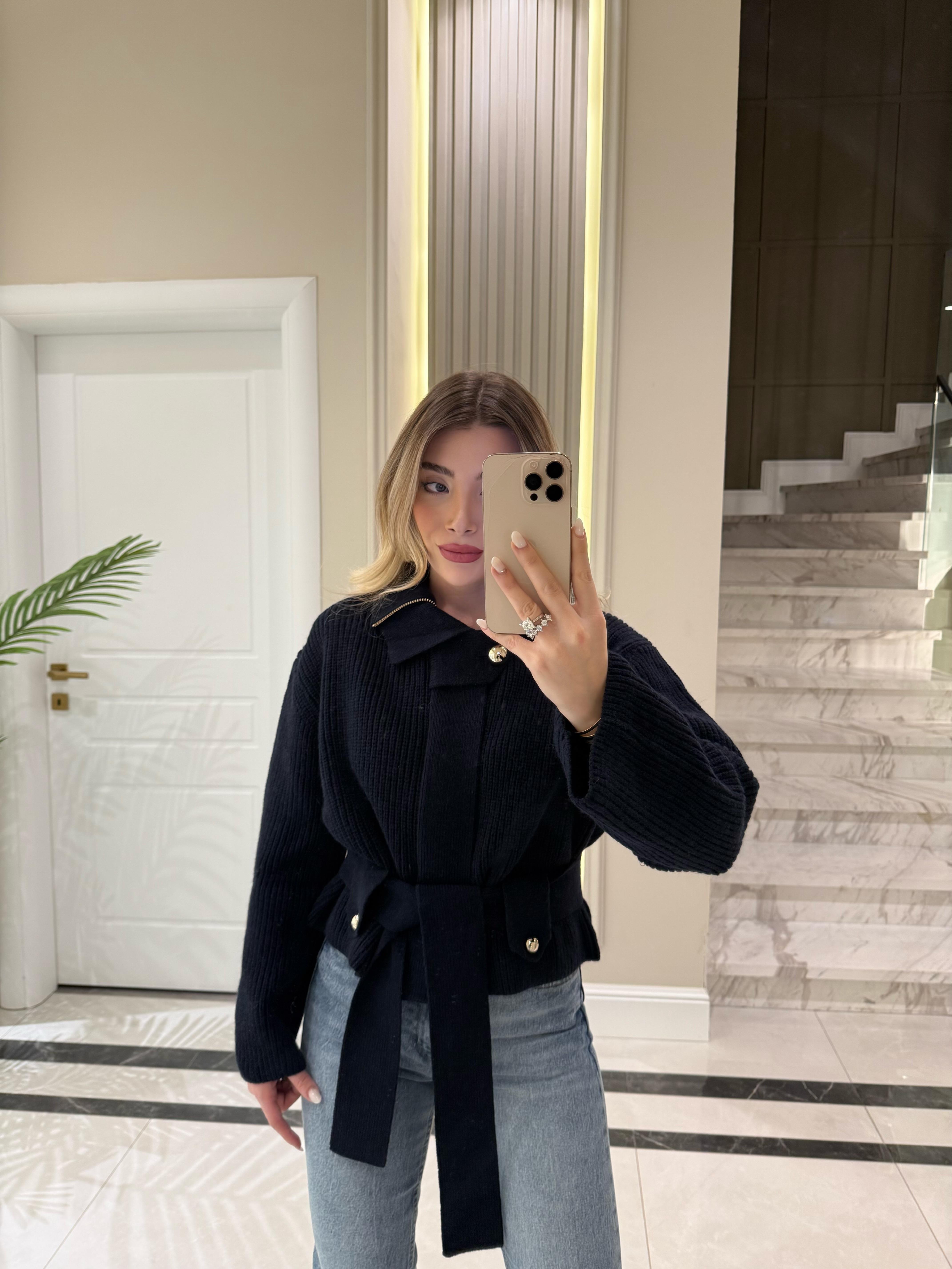 Lacivert Fermuarlı Kemerli Düğmeli Yünlü Triko Hırka -60988