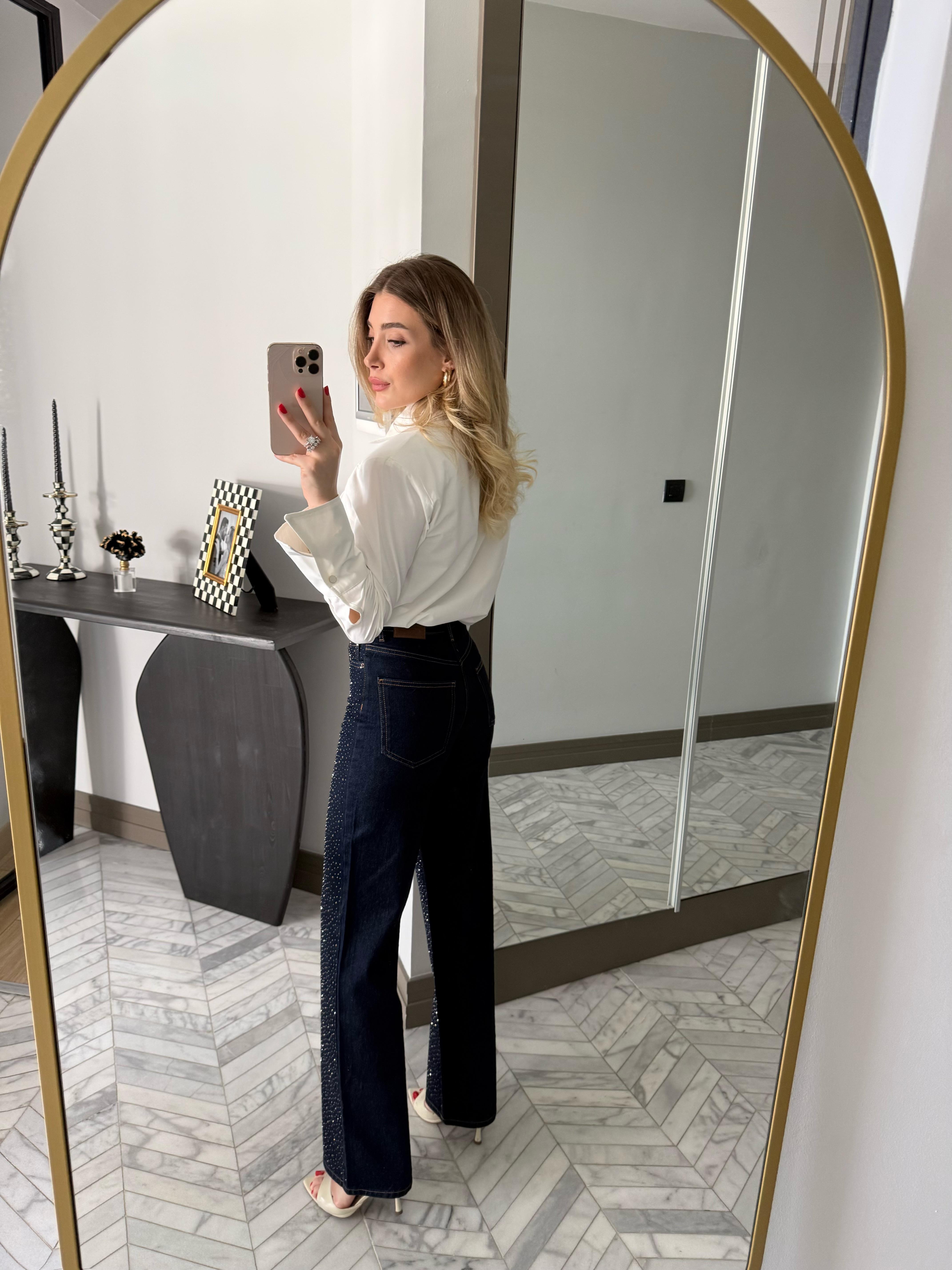 Lacivert Full Taşlı Straight Jean