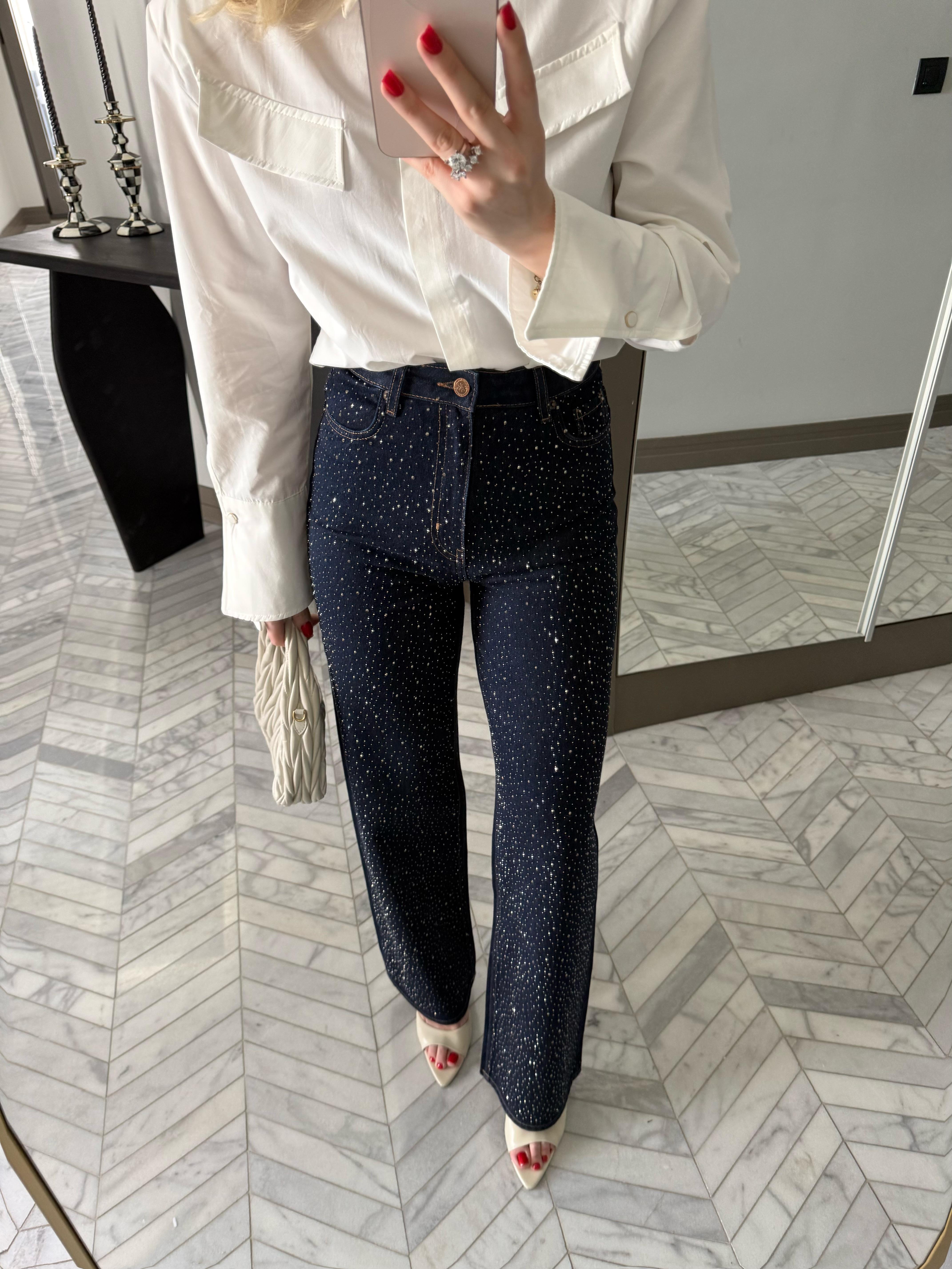 Lacivert Full Taşlı Straight Jean