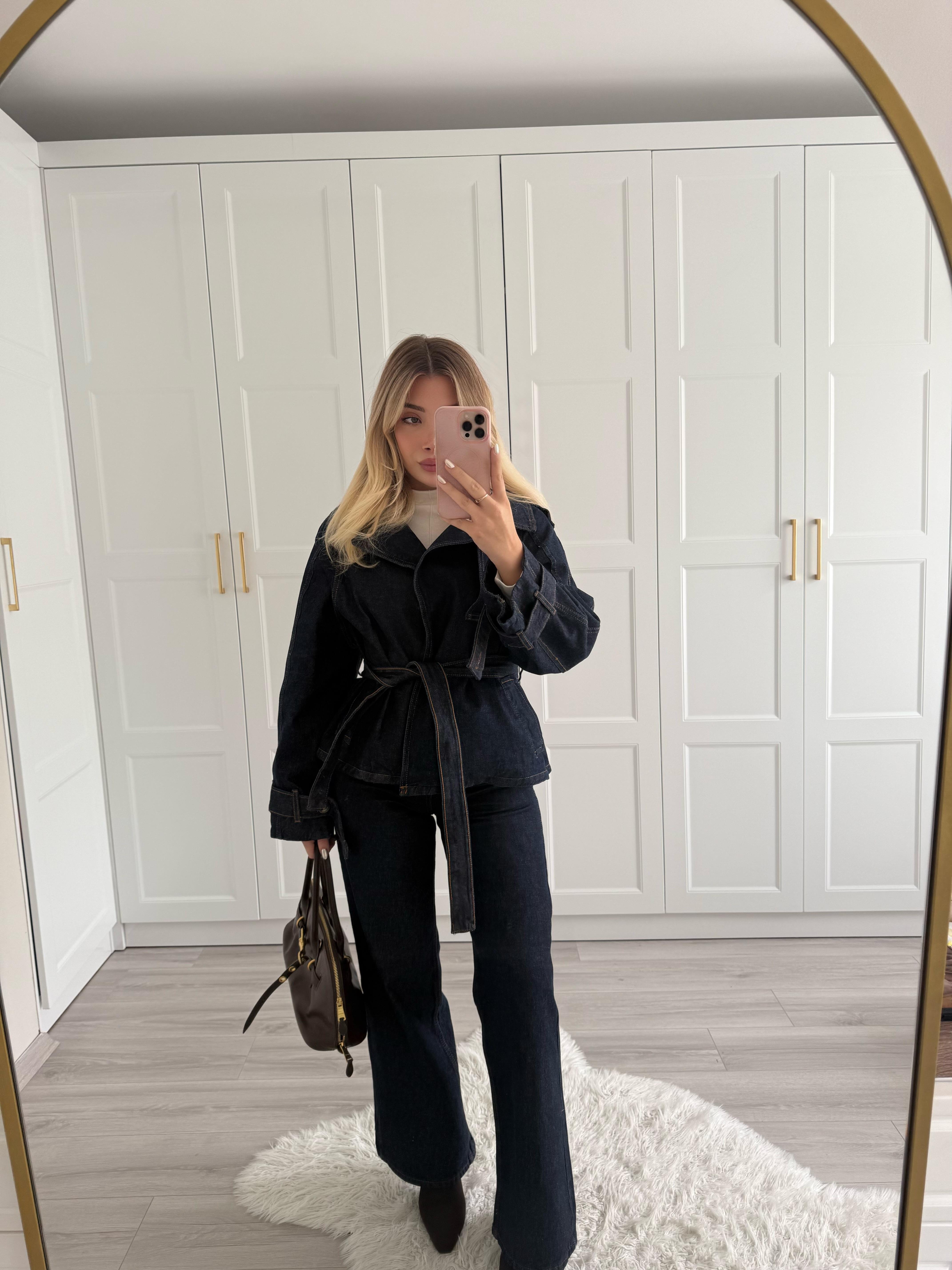 Lacivert Geniş Yakalı Kuşaklı Denim Takım