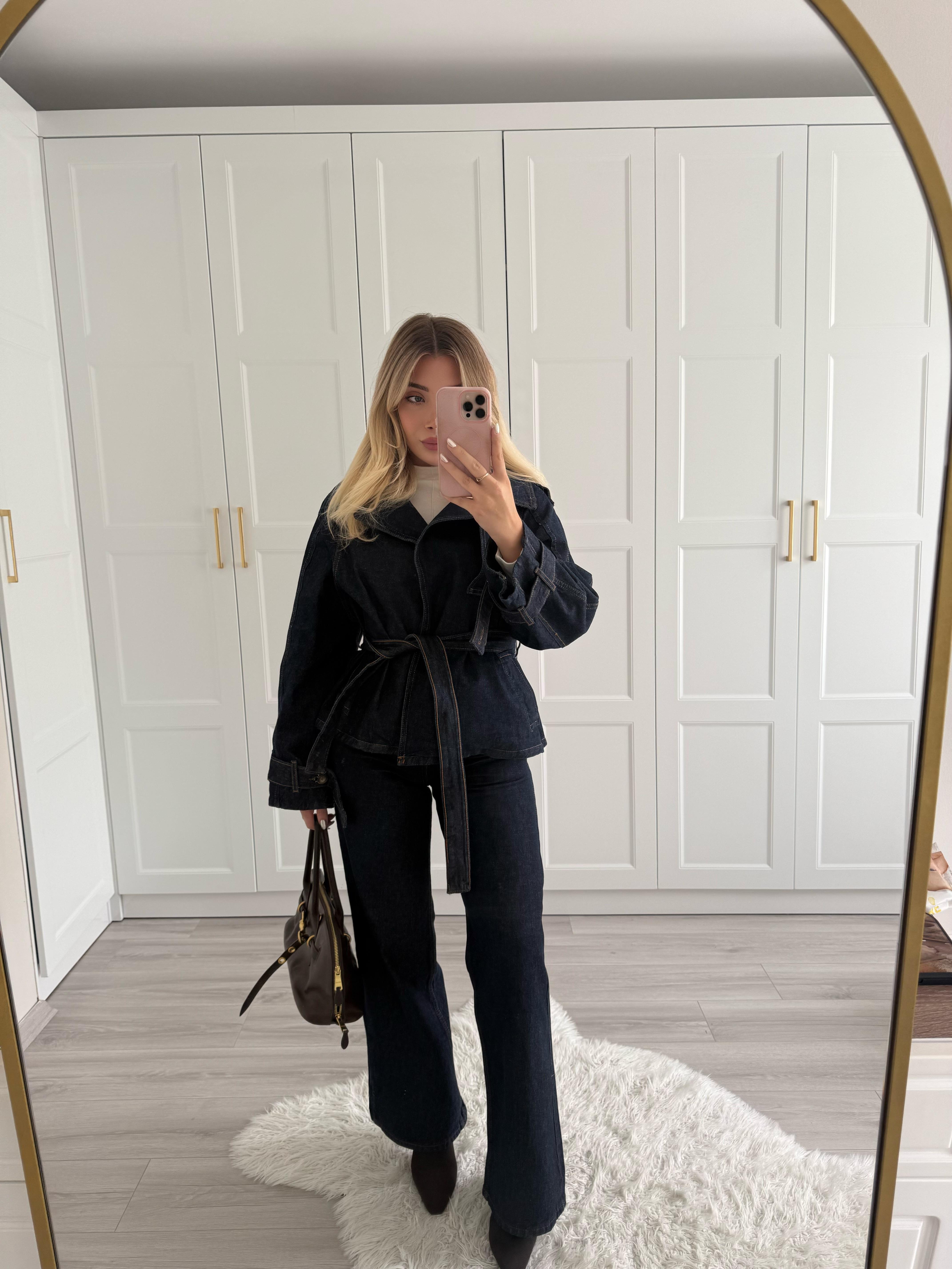 Lacivert Geniş Yakalı Kuşaklı Denim Takım