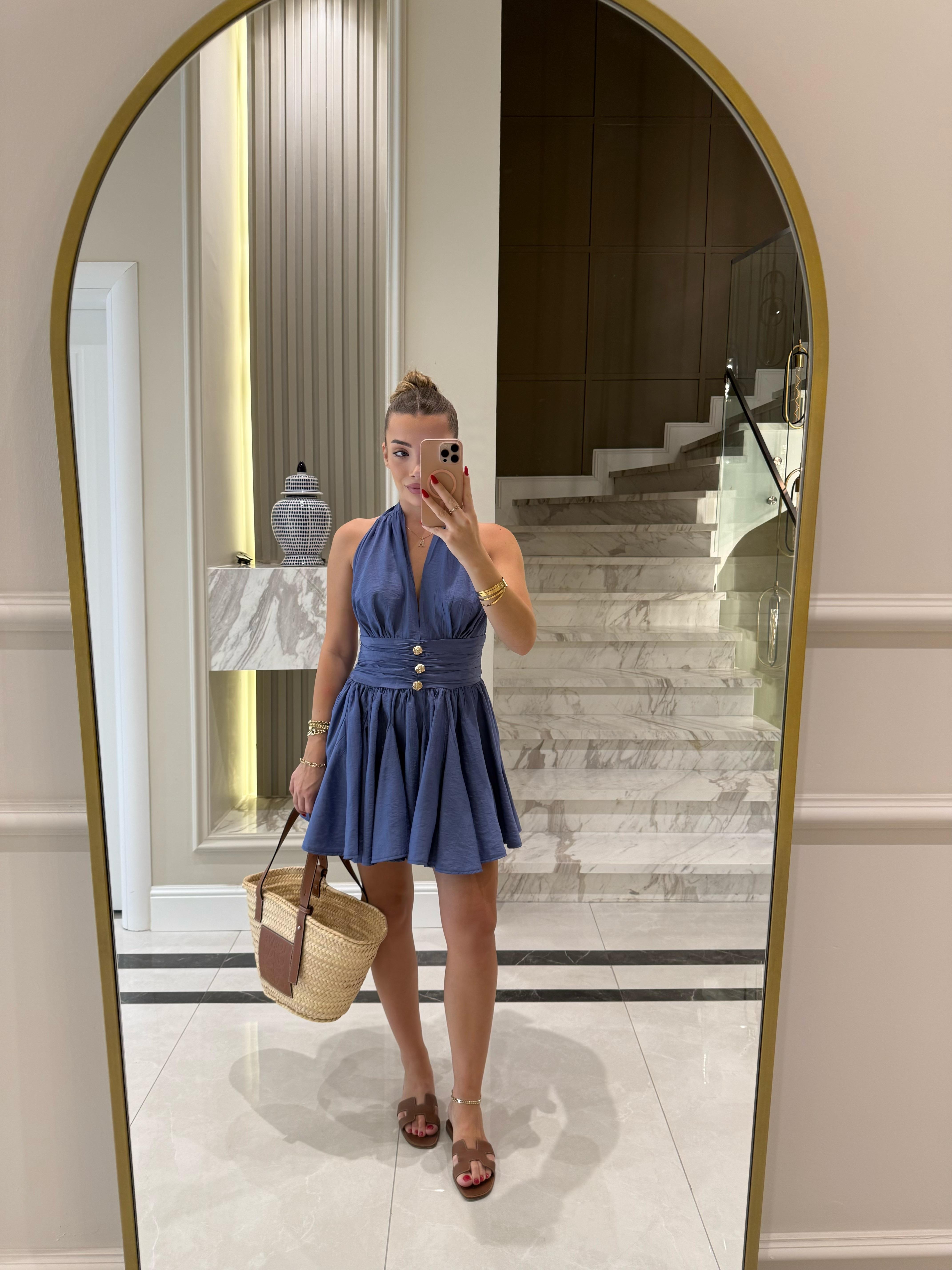 Lacivert Gold Düğmeli Ronse Mini Elbise