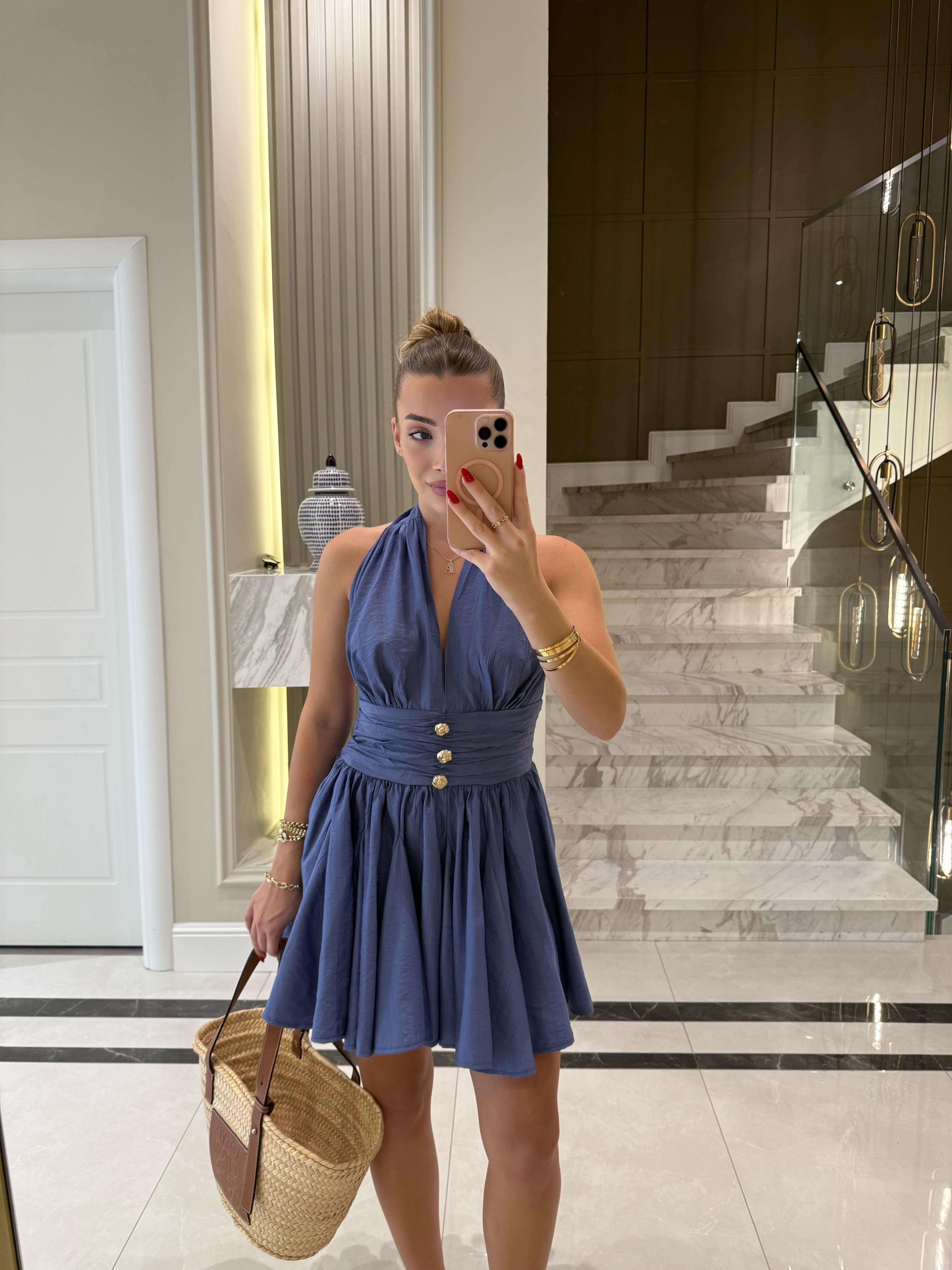 Lacivert Gold Düğmeli Ronse Mini Elbise