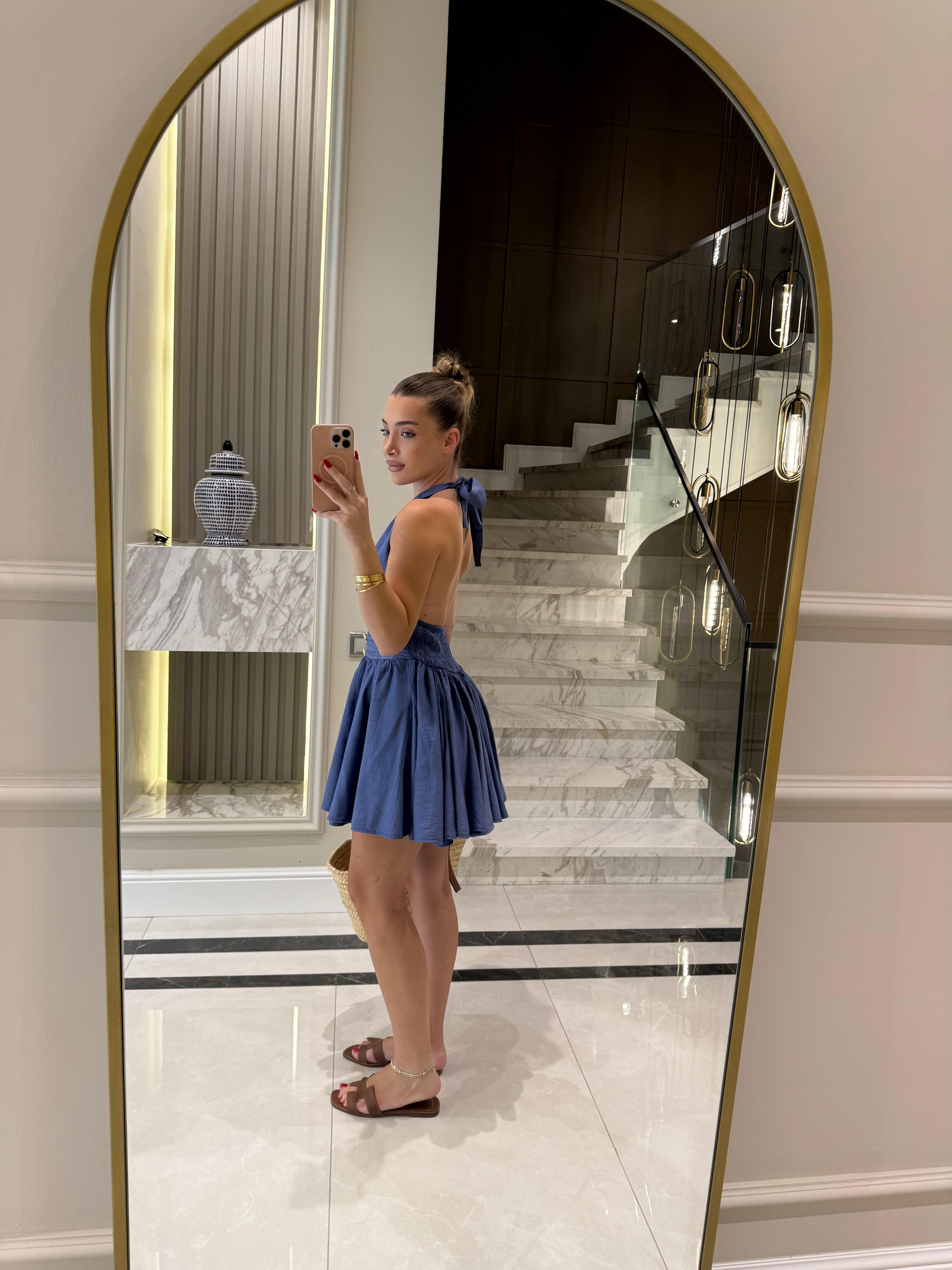 Lacivert Gold Düğmeli Ronse Mini Elbise