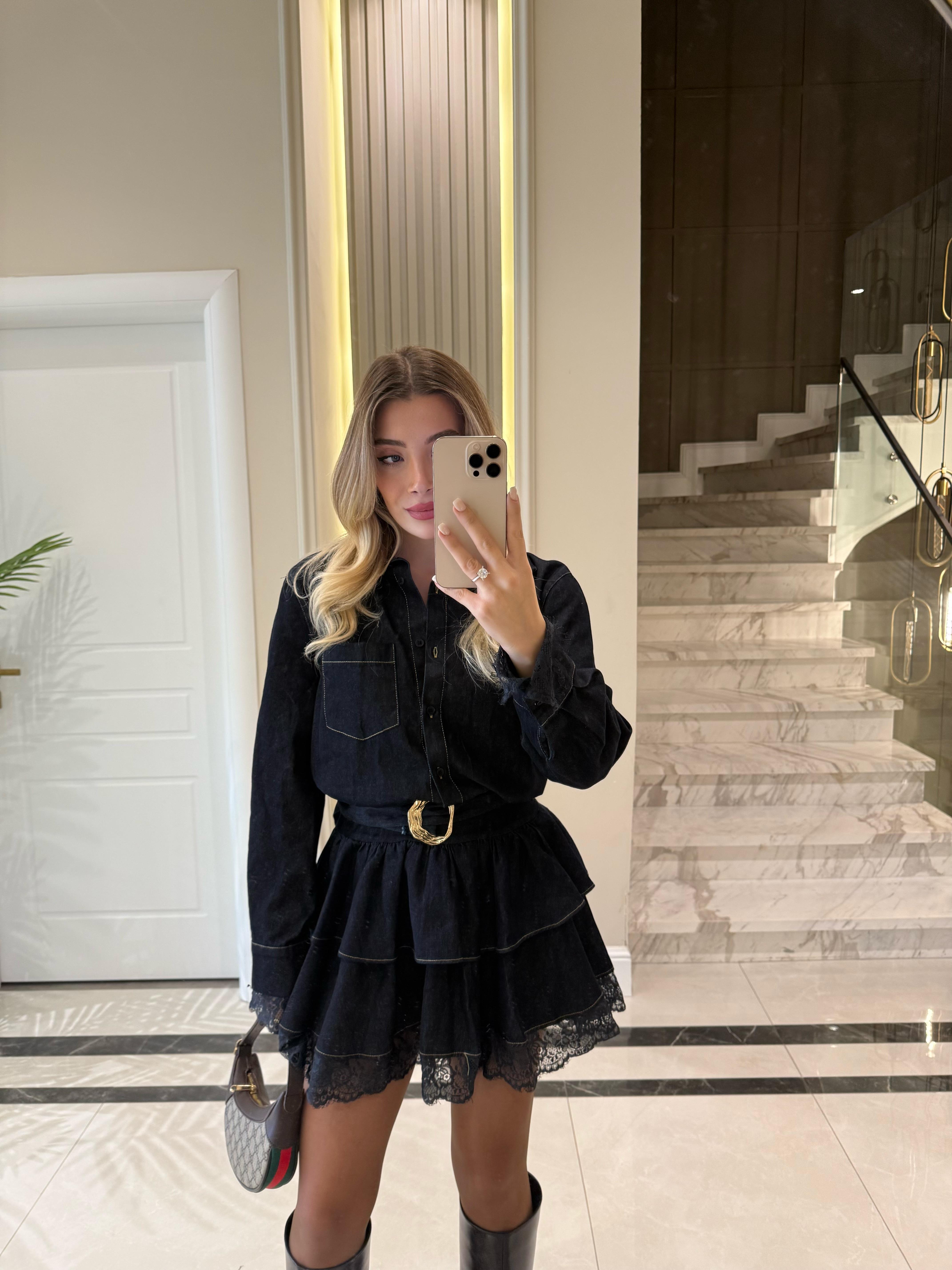 Lacivert Kemerli Fırfırlı Elbise-35524