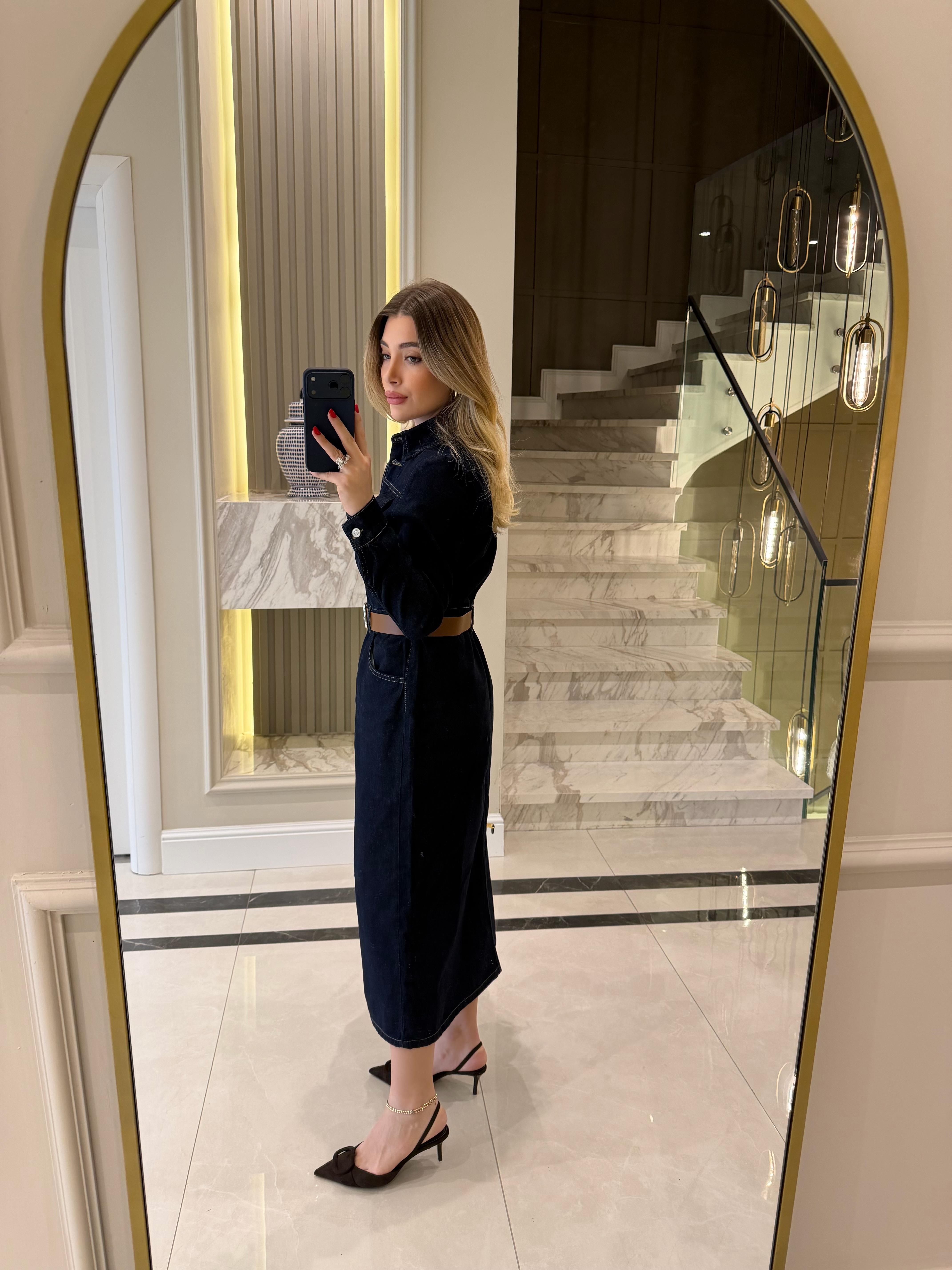 Lacivert Kendinden Kemerli Denim Elbise