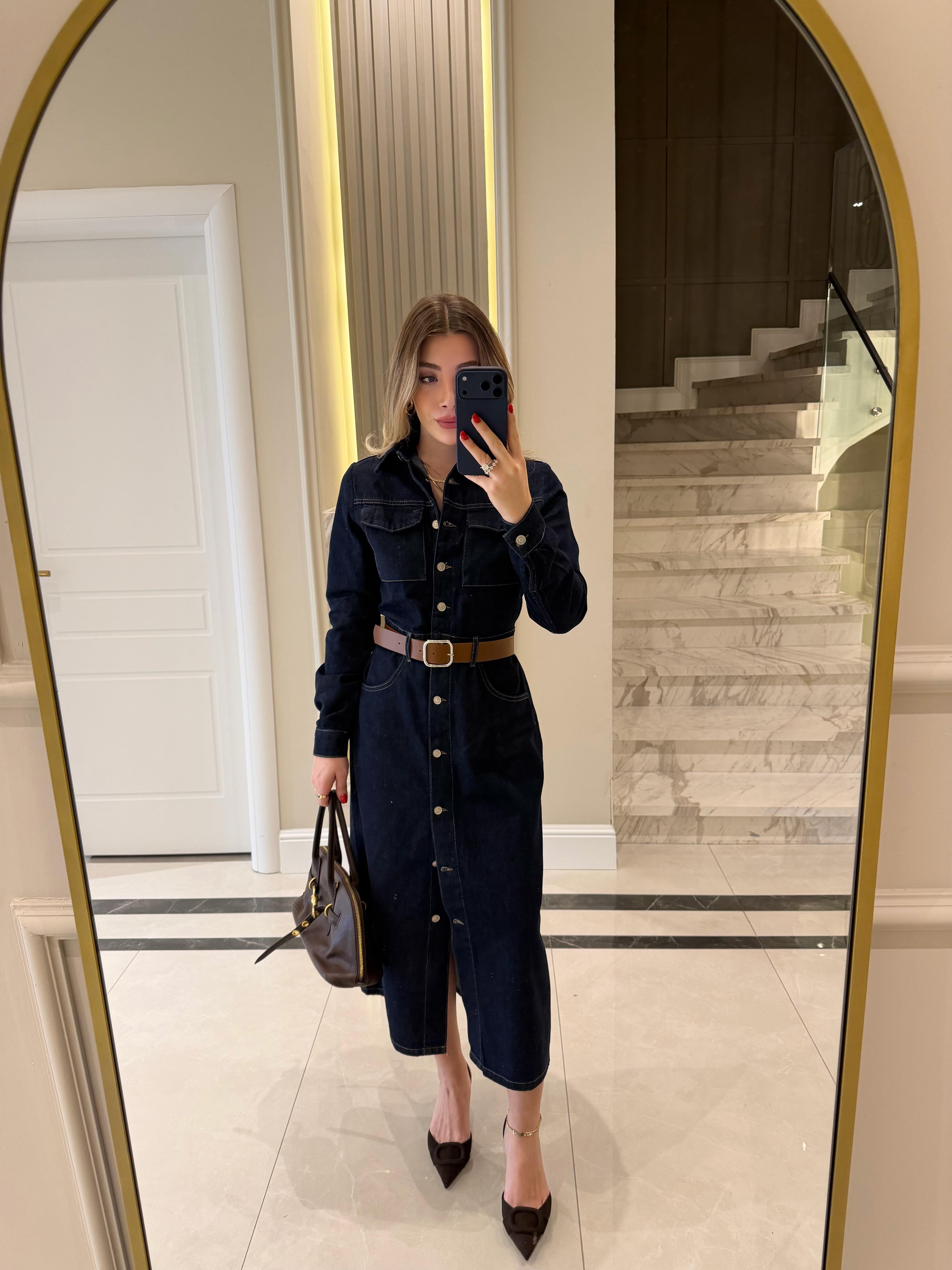 Lacivert Kendinden Kemerli Denim Elbise