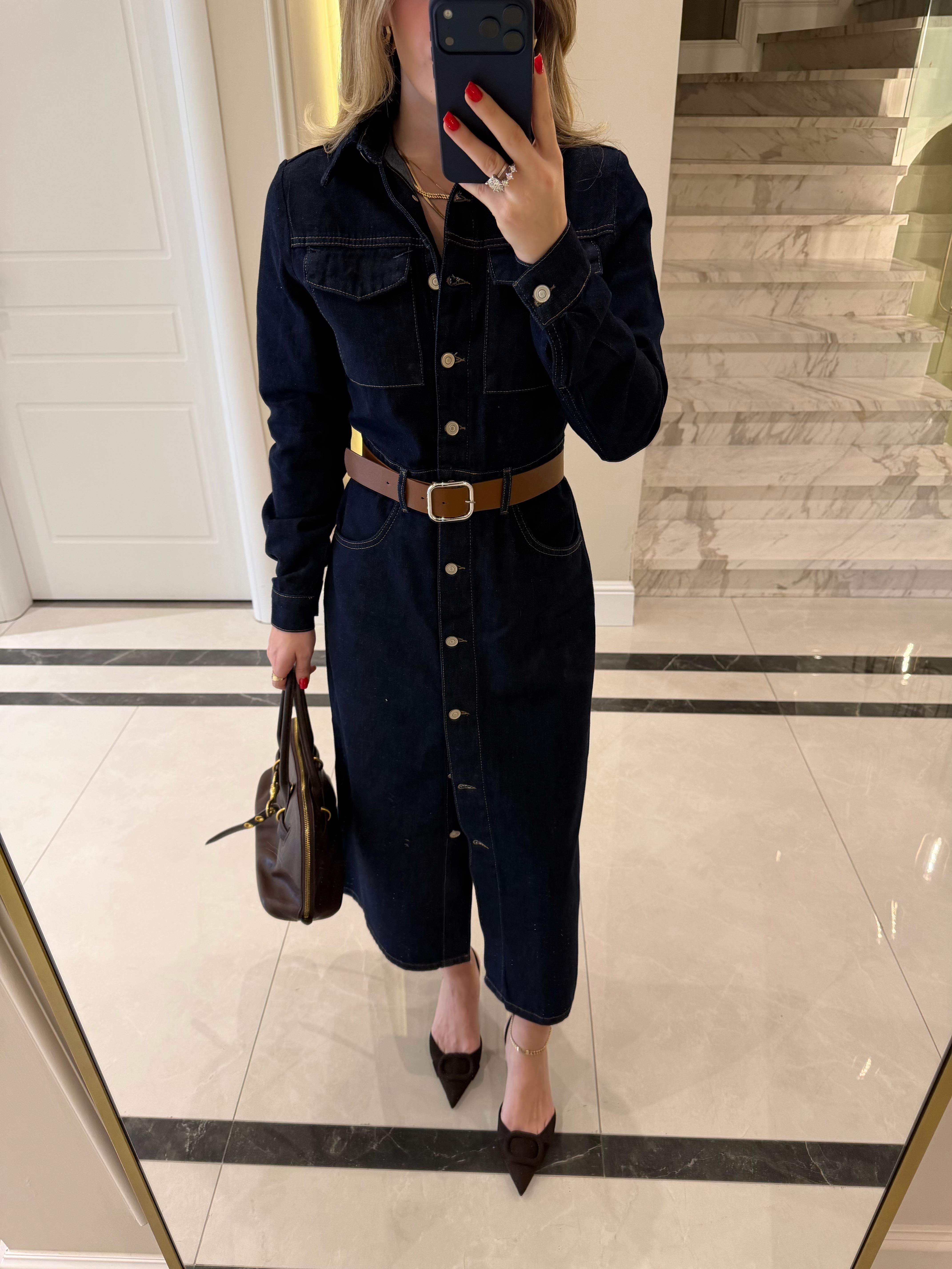 Lacivert Kendinden Kemerli Denim Elbise