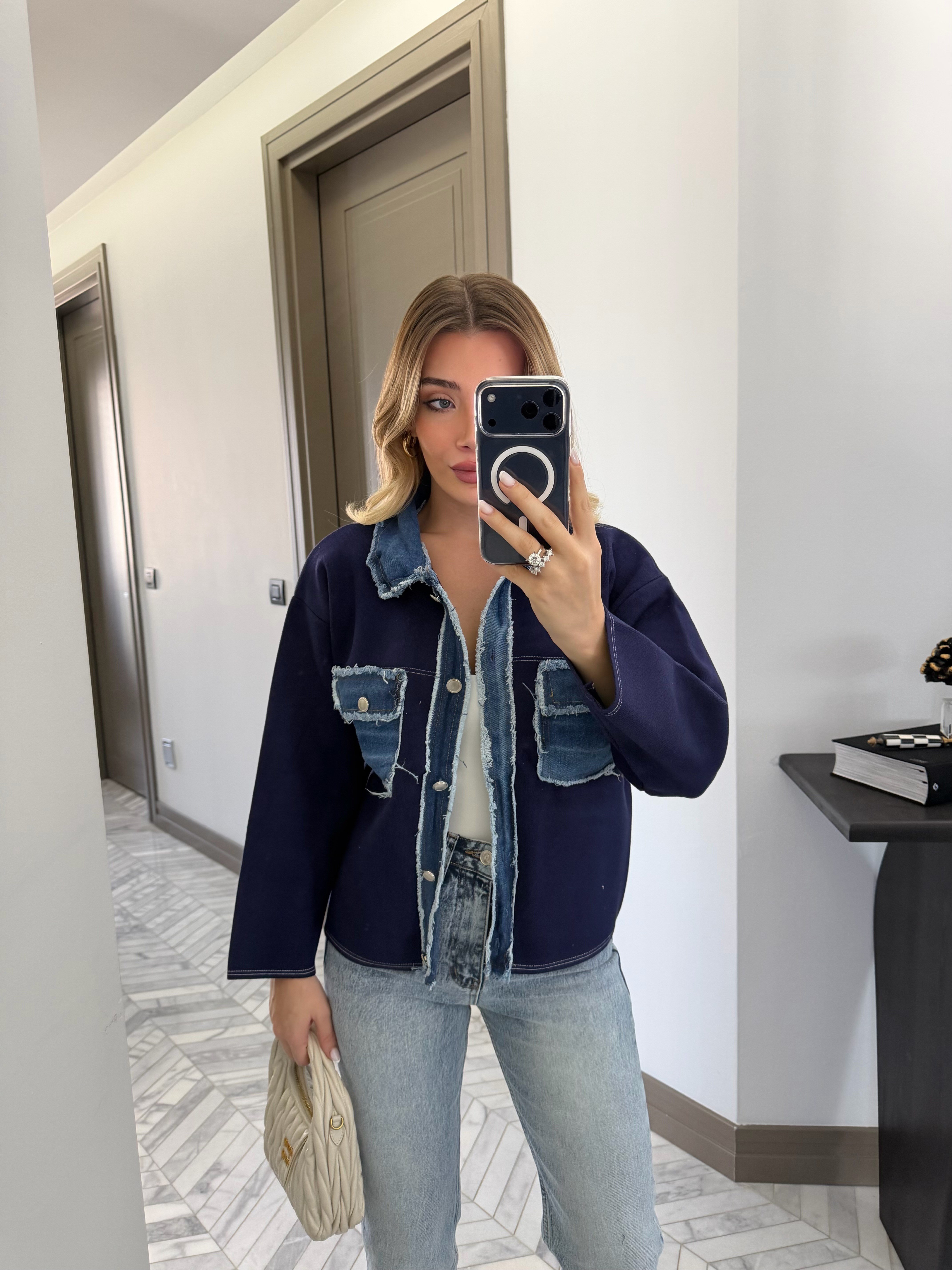 Lacivert Kot Garnili Saçaklı Triko Ceket - 0540