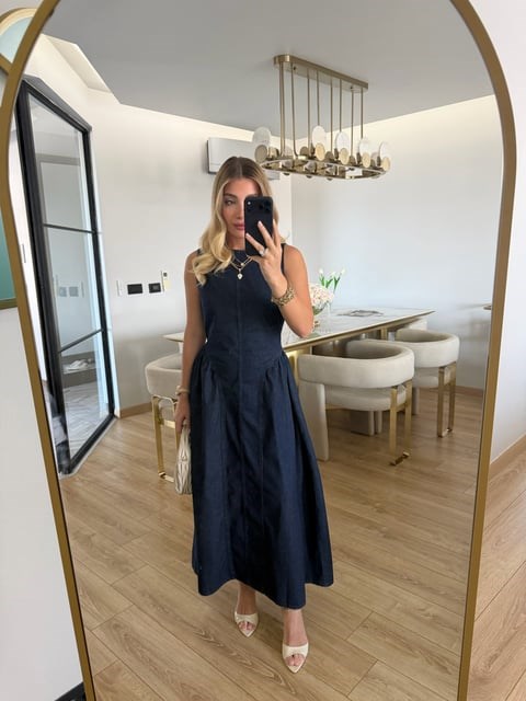 Lacivert Sırt Dekolteli Denim Elbise - 1026