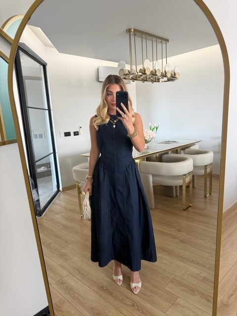 Lacivert Sırt Dekolteli Denim Elbise - 1026