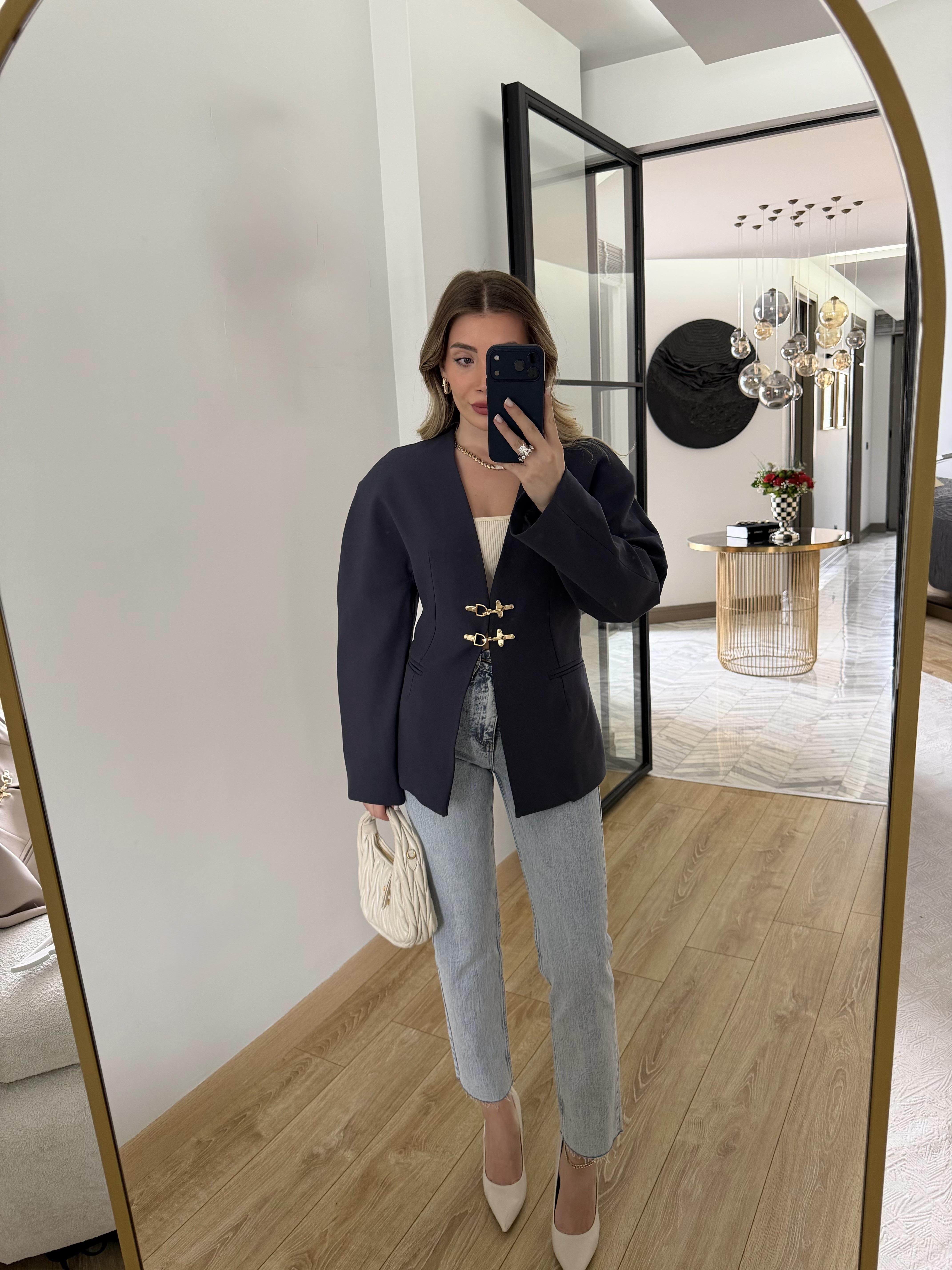 Lacivert Rengi Yakasız Blazer Ceket-9726