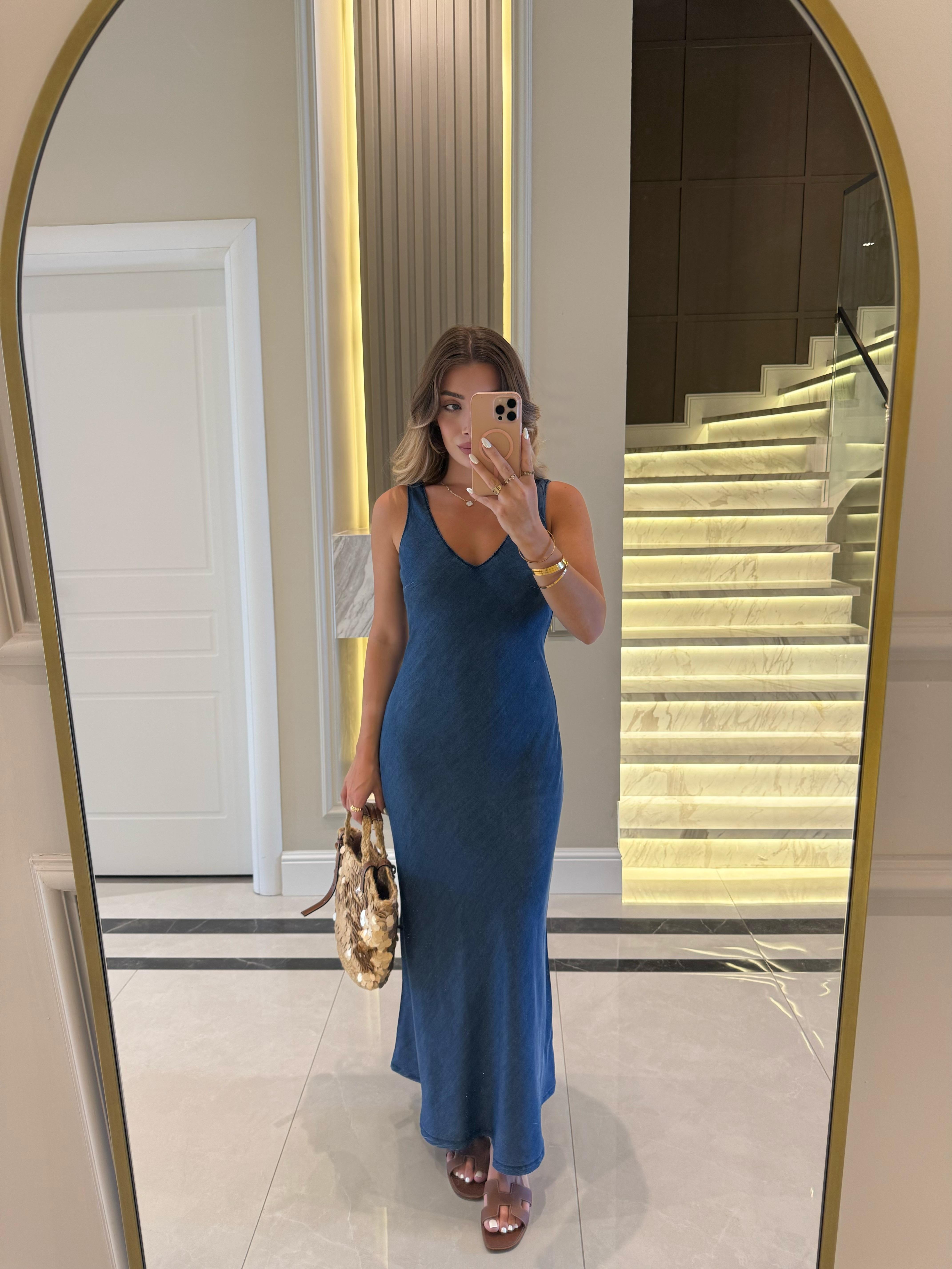 Lacivert Tencel Verev Kesim Elbise-90567