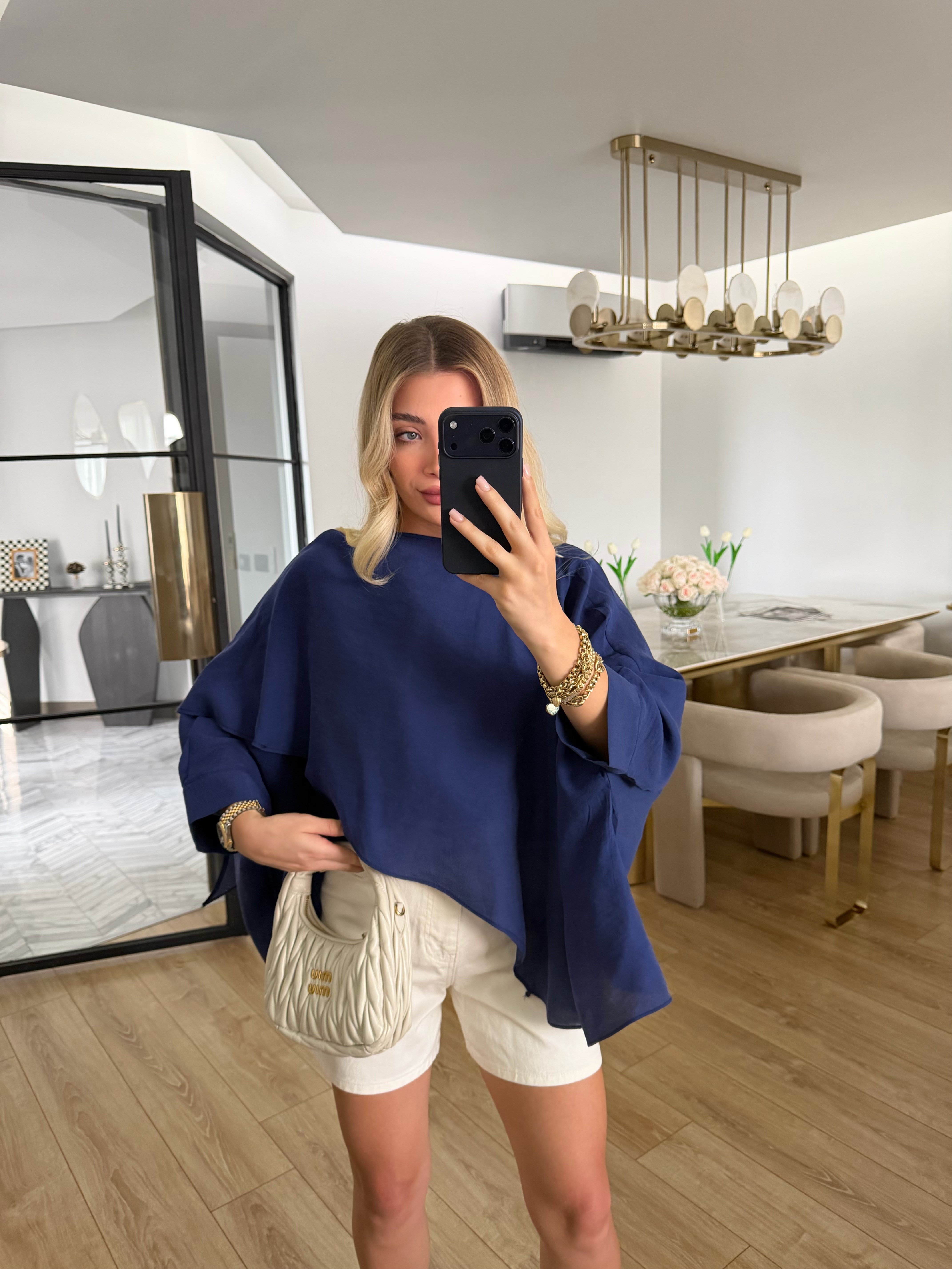 Lacivert Uçuşan Pelerin Bluz-5026