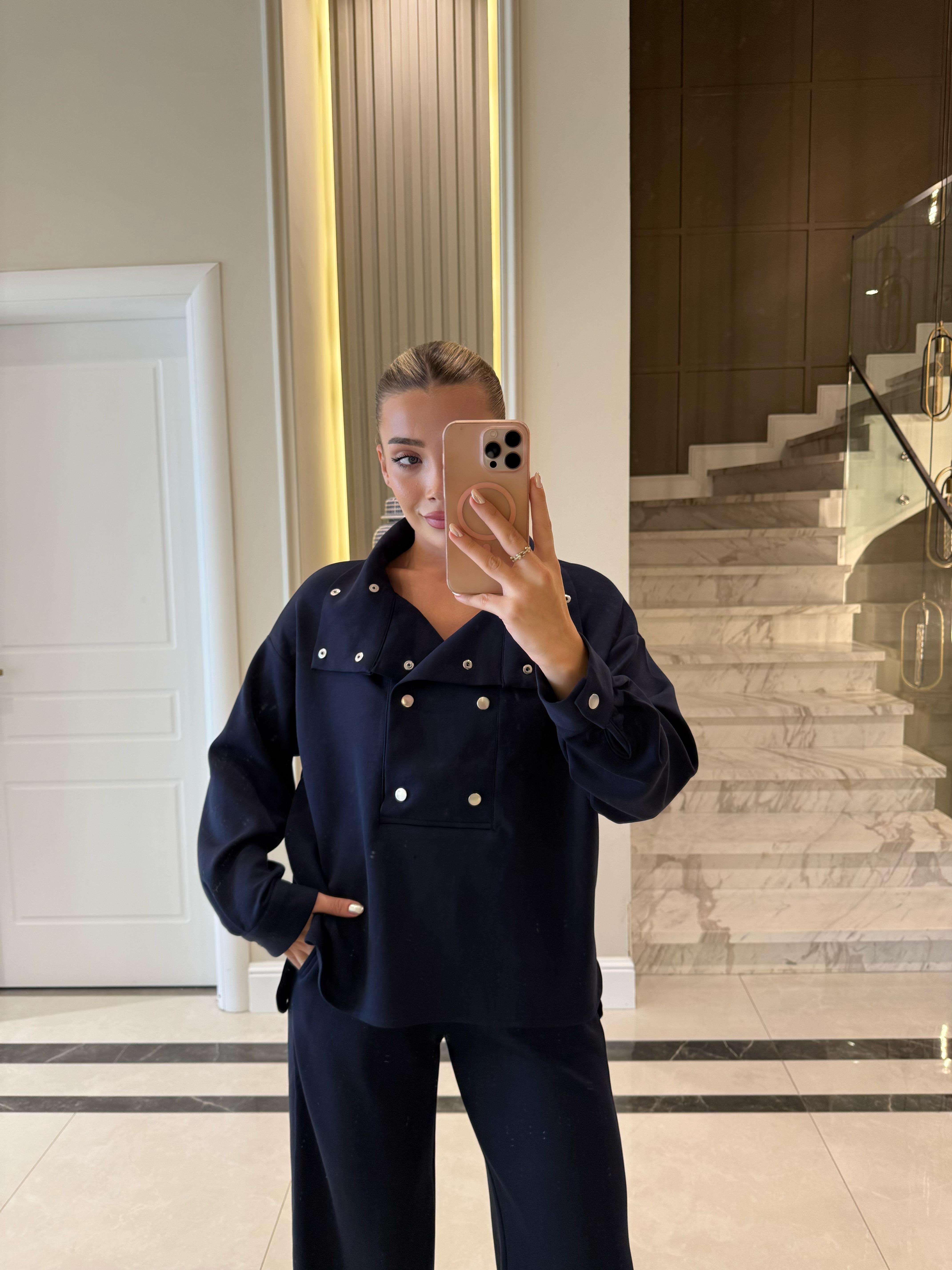 Lacivert Yakası Çıtçıtlı Premium Kalite Modal Kumaş İkili Takım