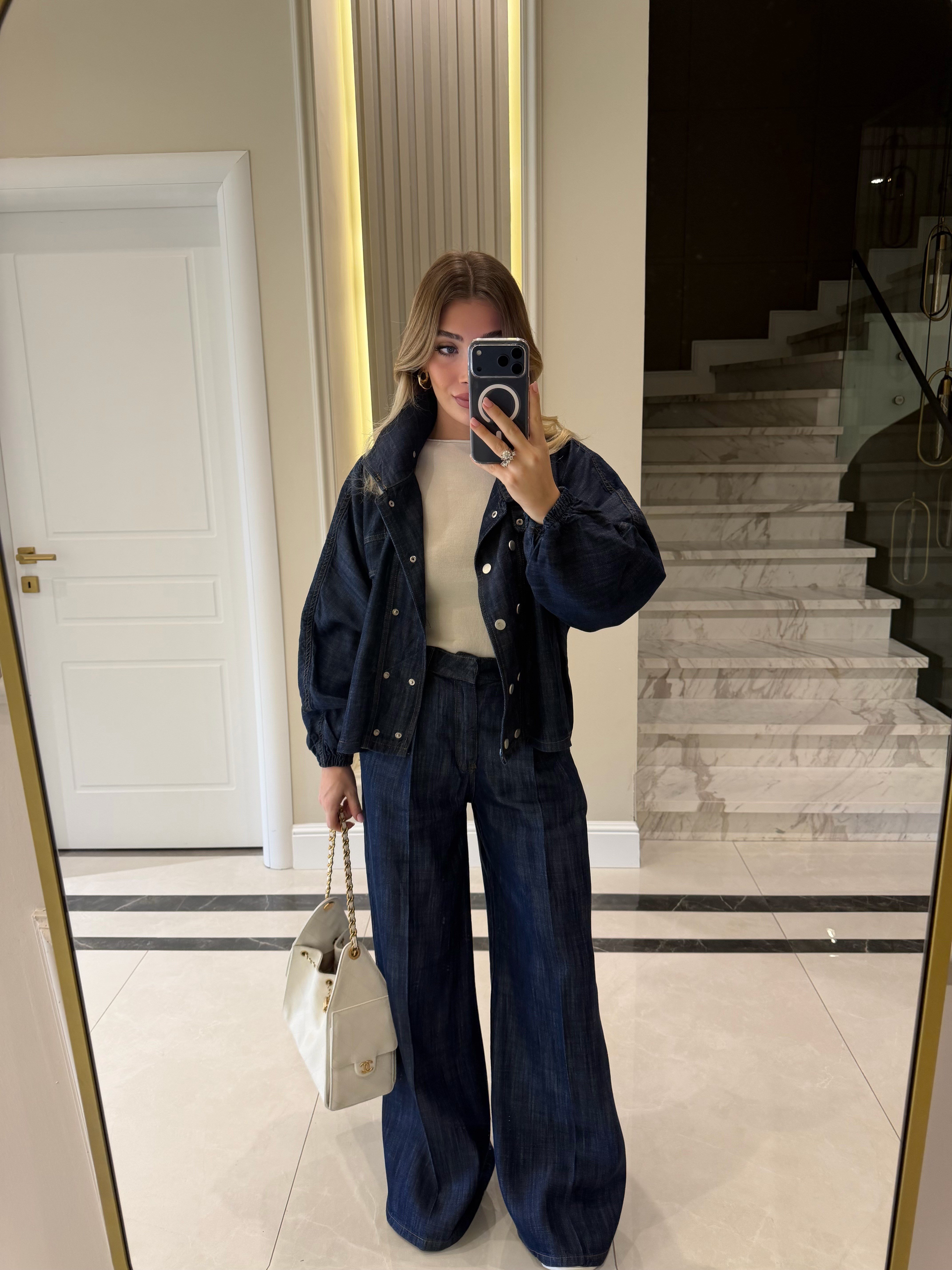 Lacivert Yarasa Kol Denim Takım