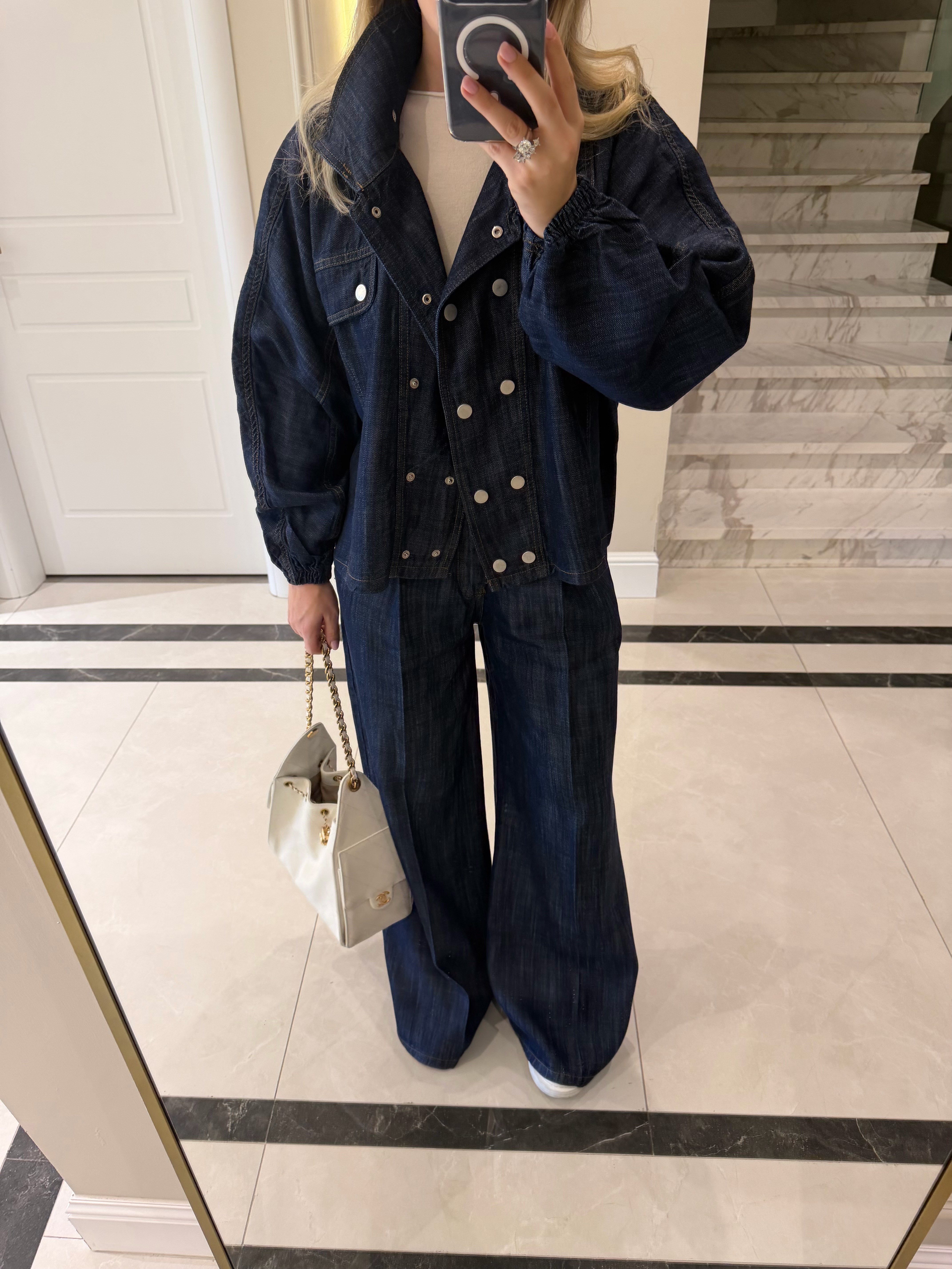 Lacivert Yarasa Kol Denim Takım