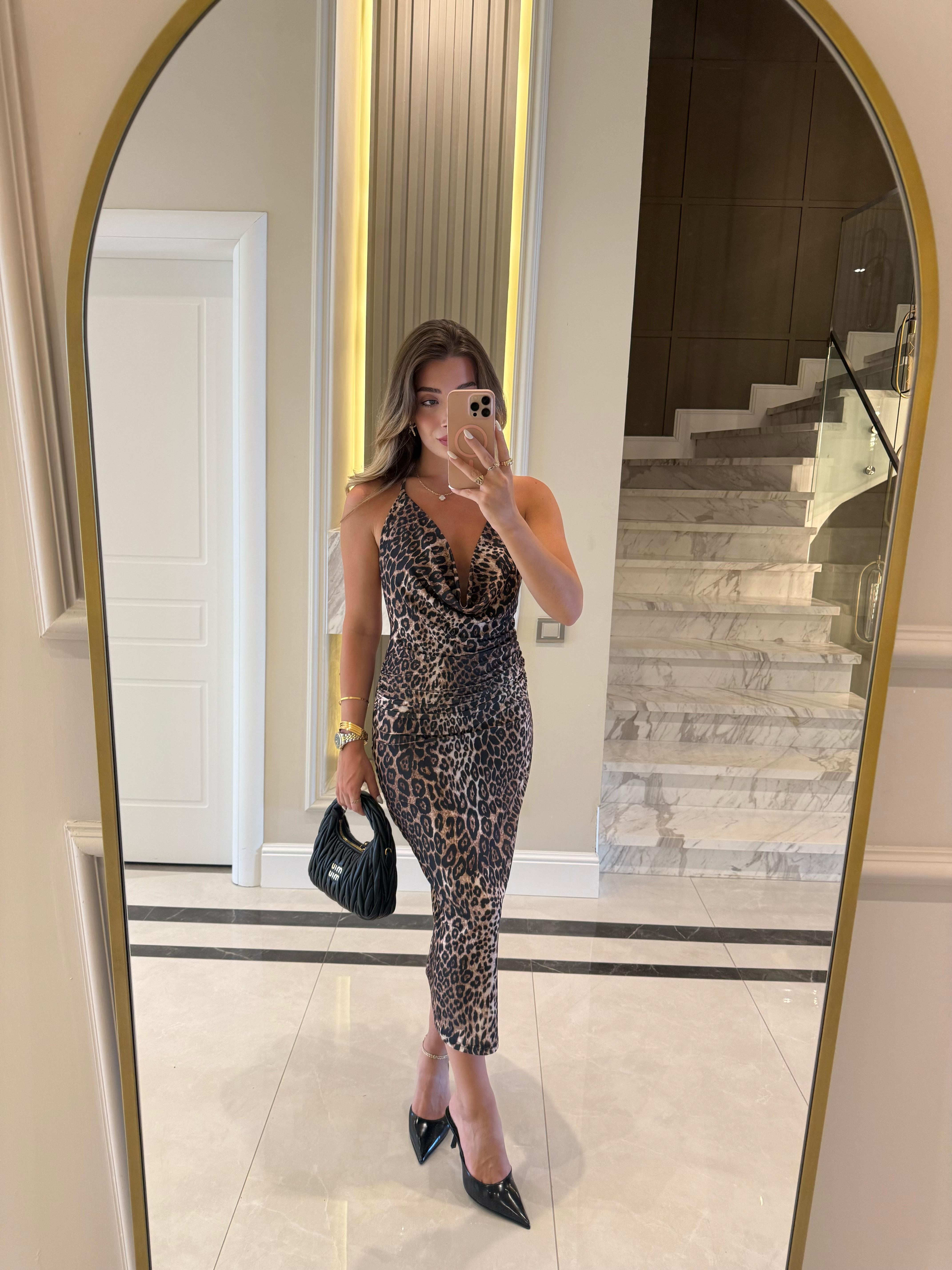 Leopar Desenli Boyudan Bağlamalı Midi Elbise