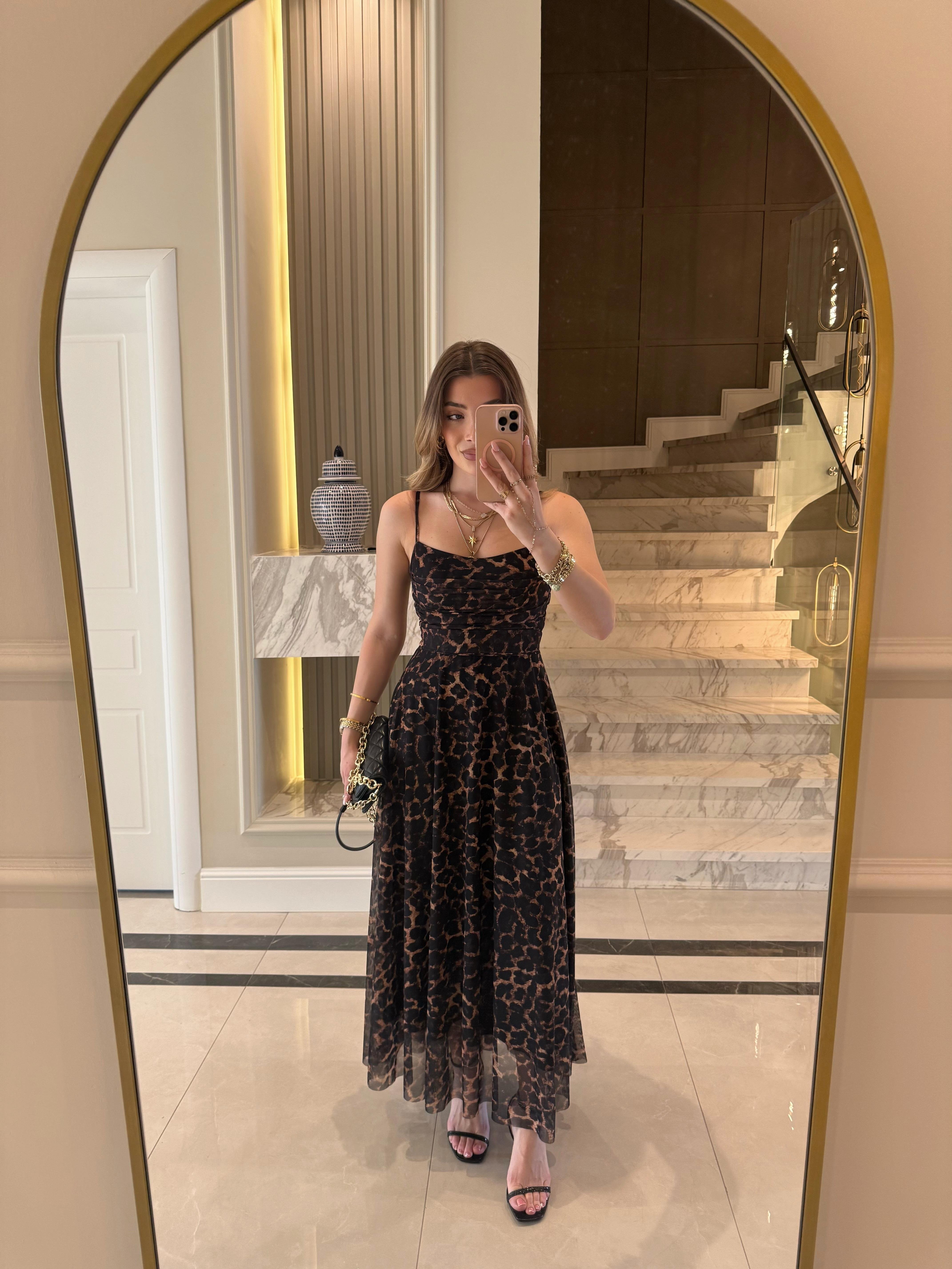 Leopar Desenli Daisy İp Askılı Midi Boy Elbise
