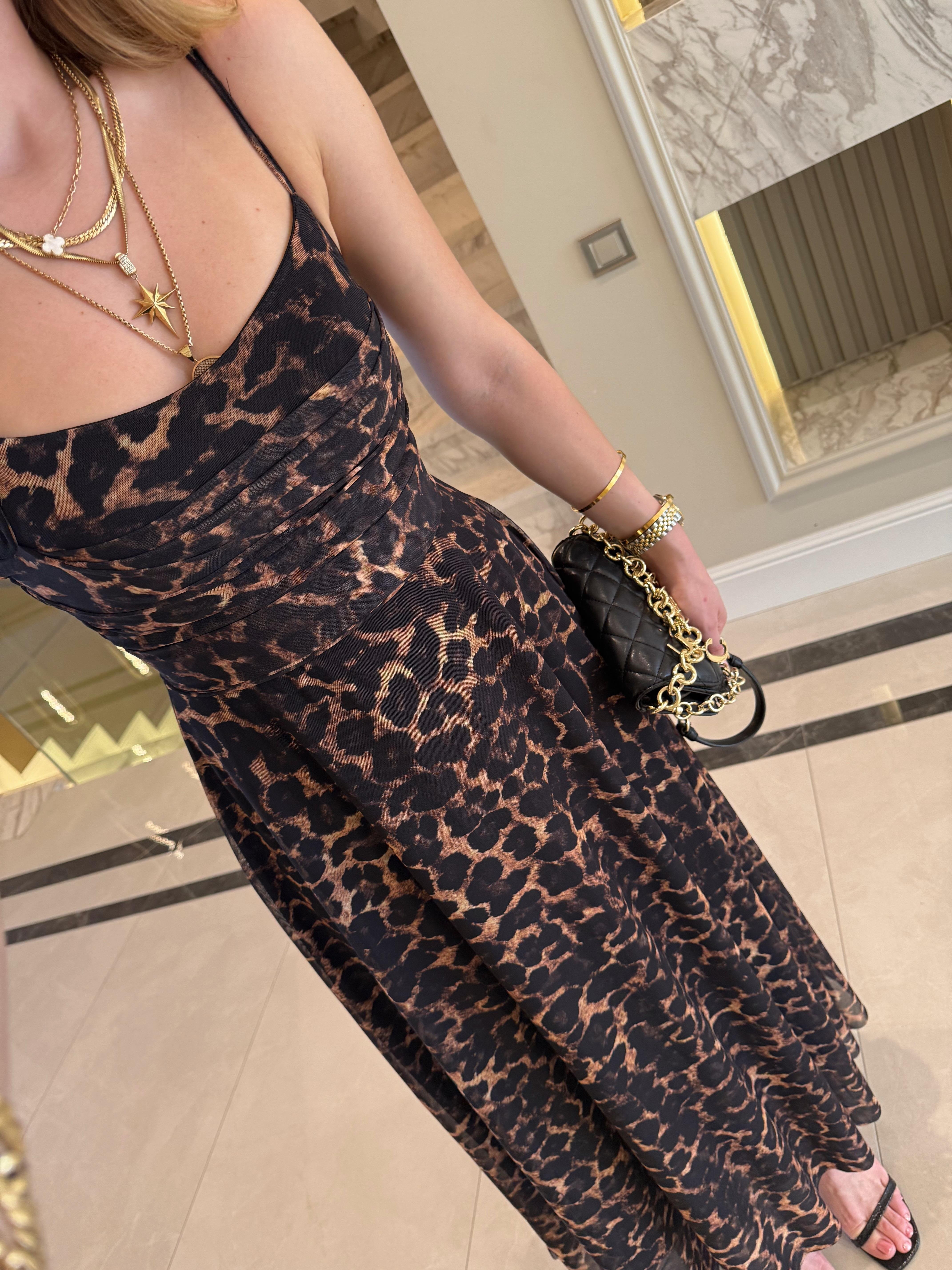 Leopar Desenli Daisy İp Askılı Midi Boy Elbise