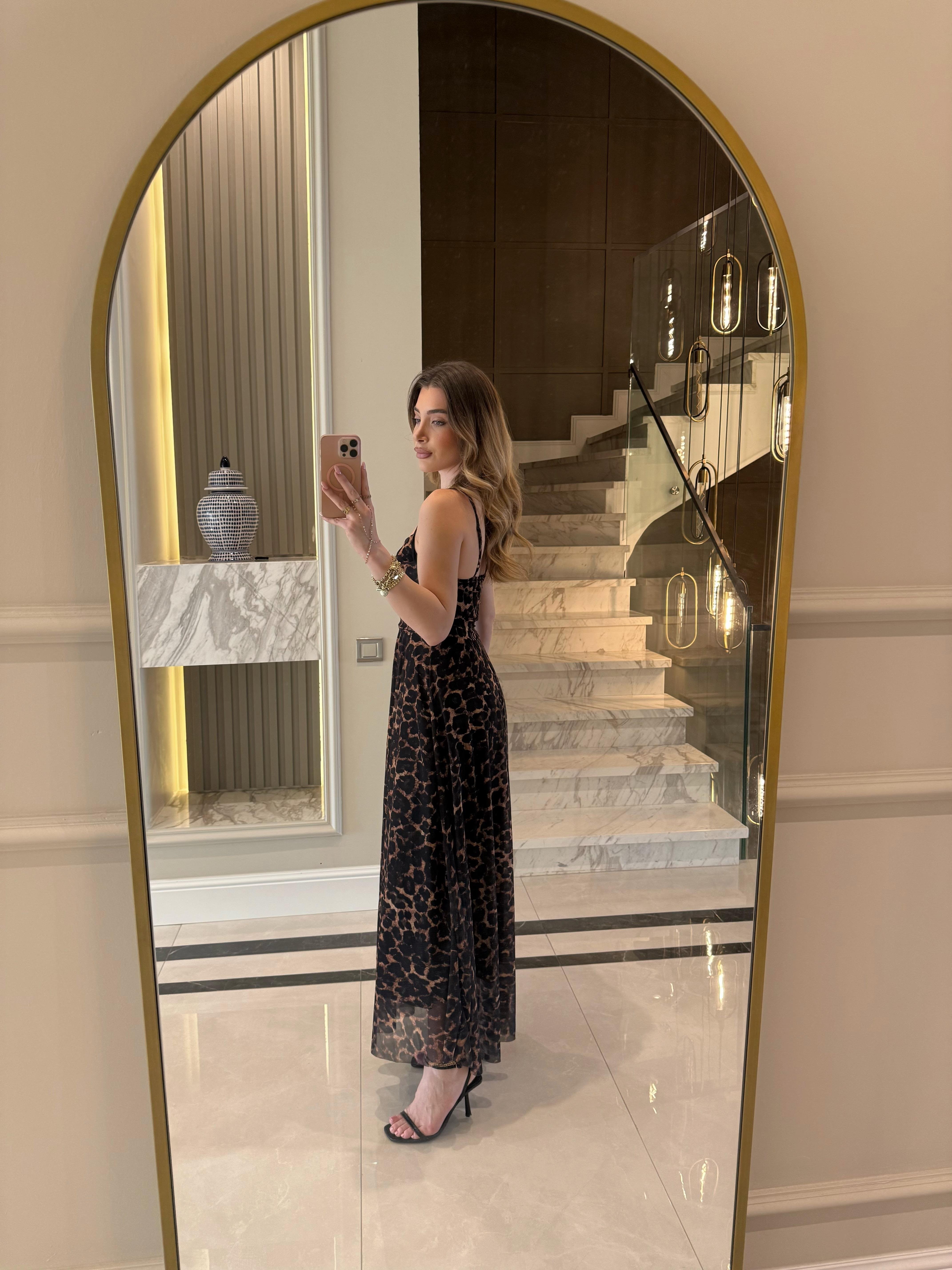 Leopar Desenli Daisy İp Askılı Midi Boy Elbise