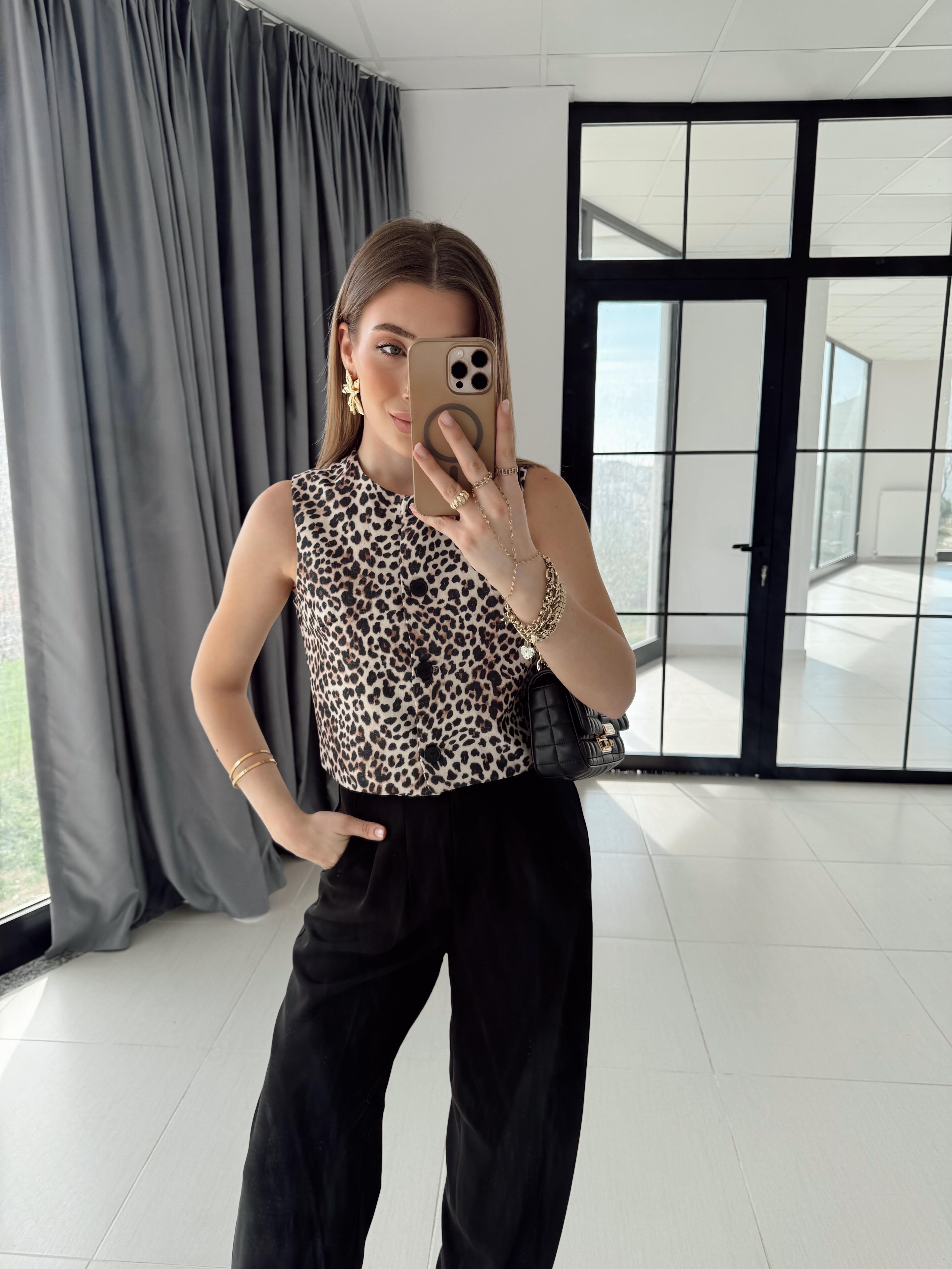 Leopar Desenli Keten Karışımlı Yelek-2517140