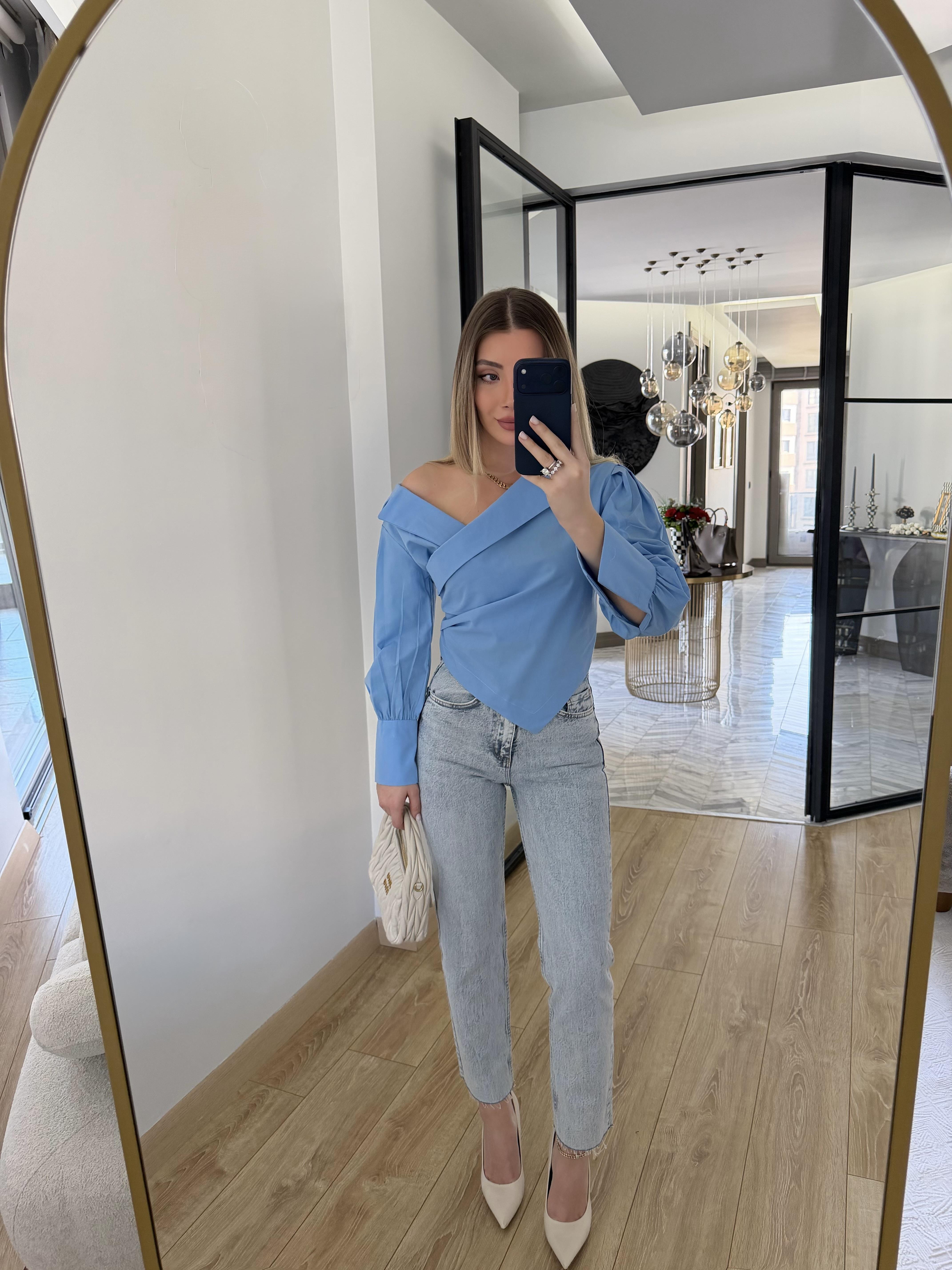 Mavi Asimetrik Yakalı Gömlek-0317