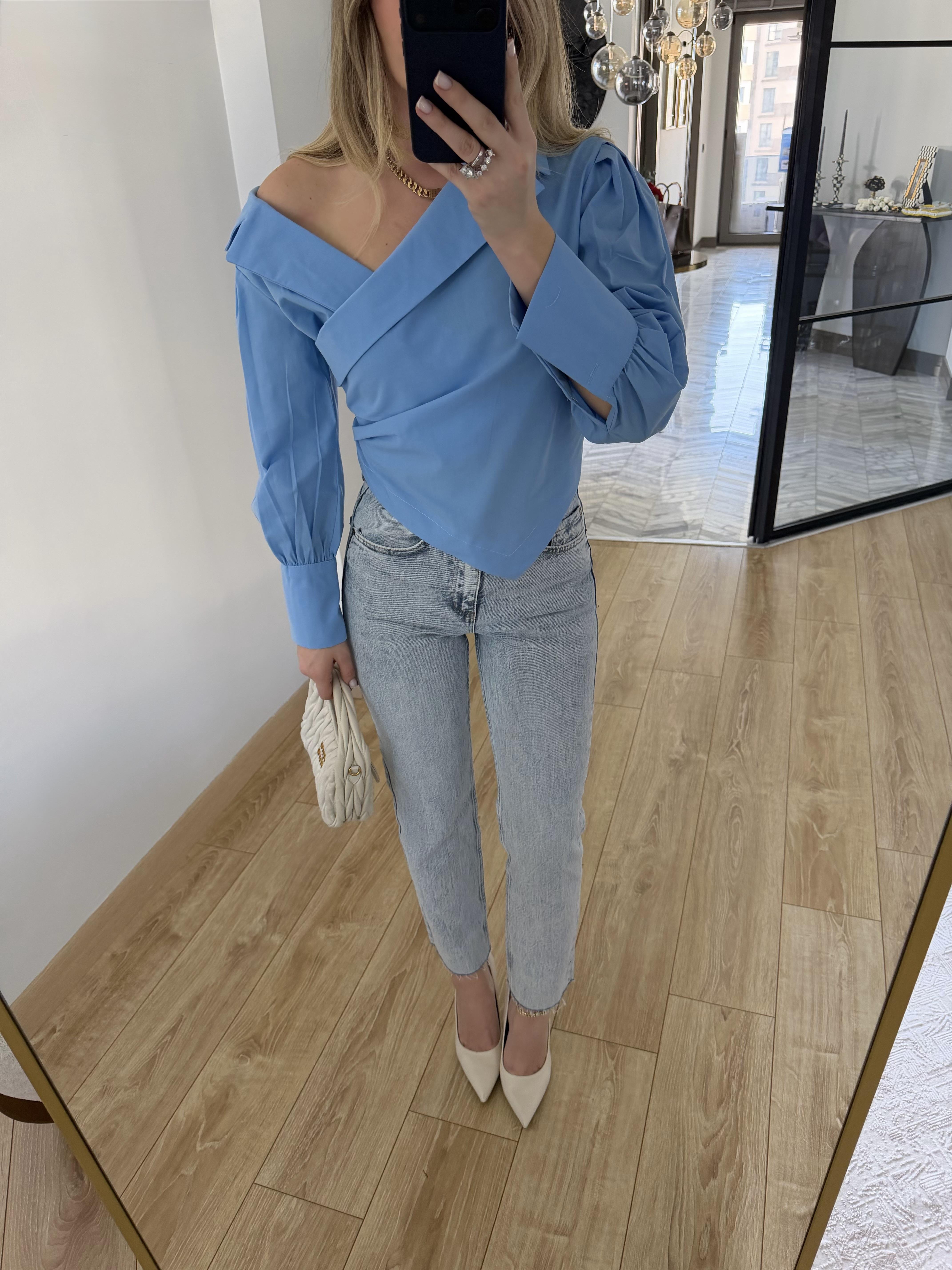 Mavi Asimetrik Yakalı Gömlek-0317