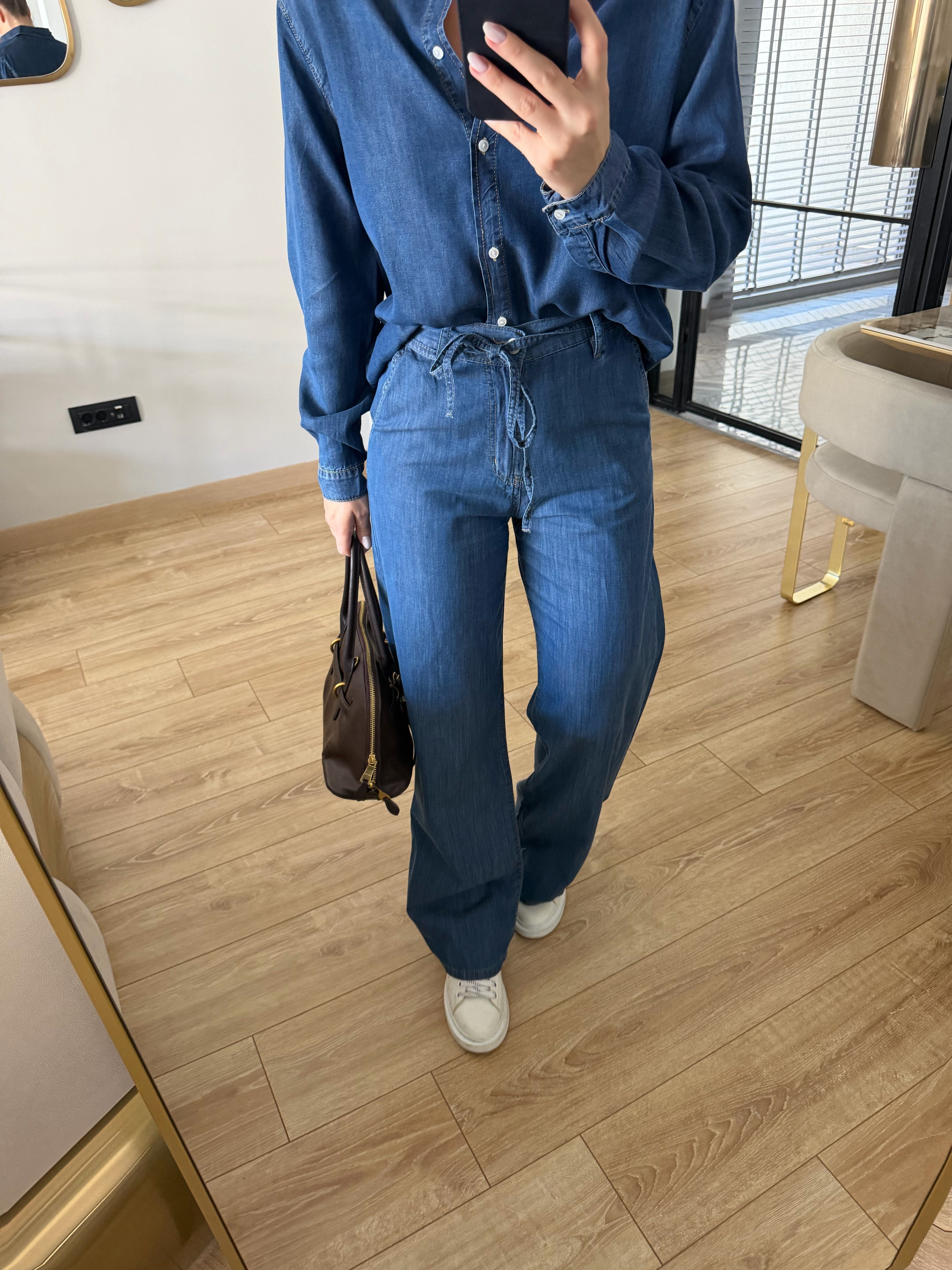Mavi Bel Bağcıklı Wide Leg Jean - 3647