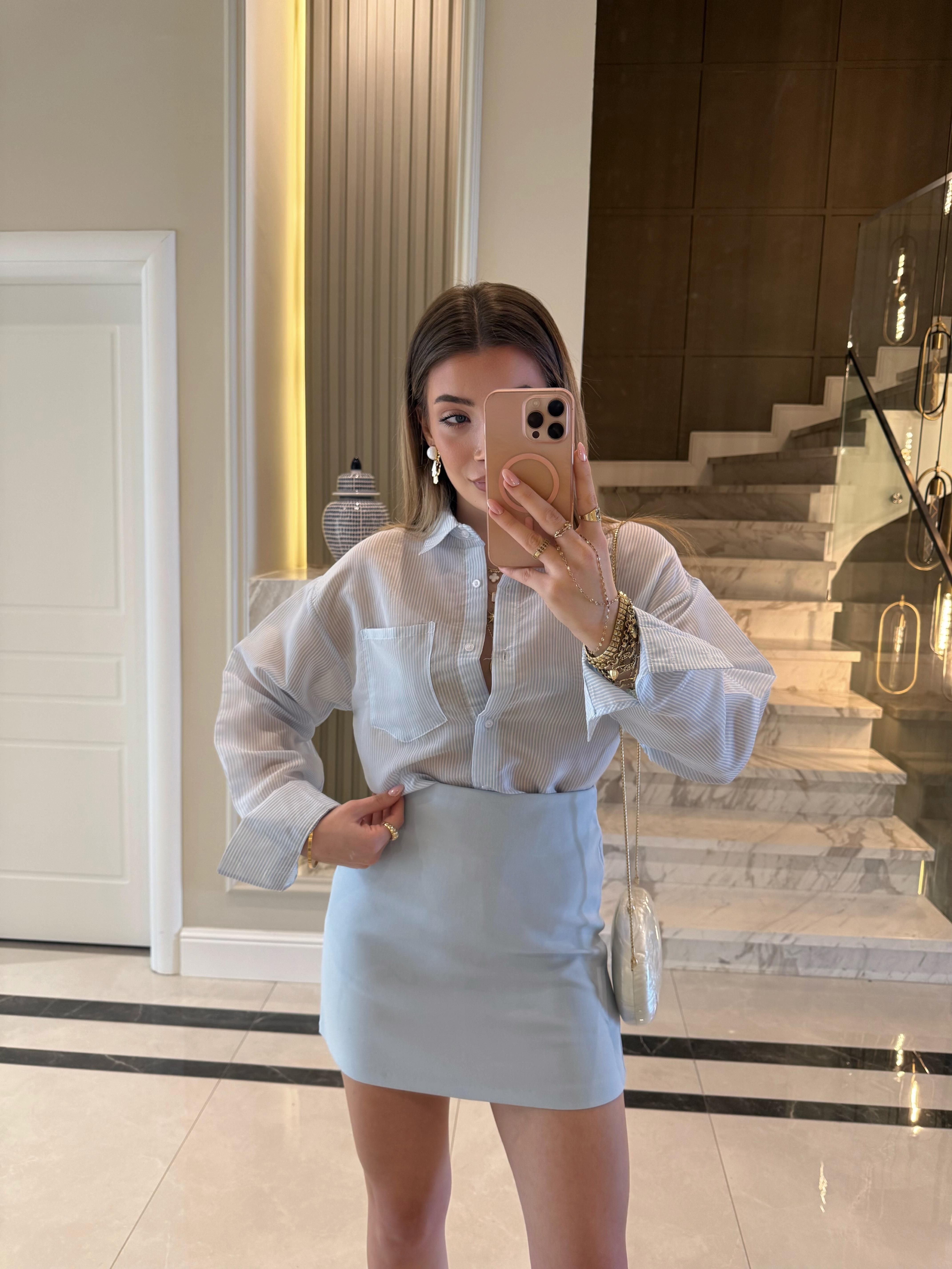 Mavi-Beyaz Çizgili Ms Oversize Gömlek 