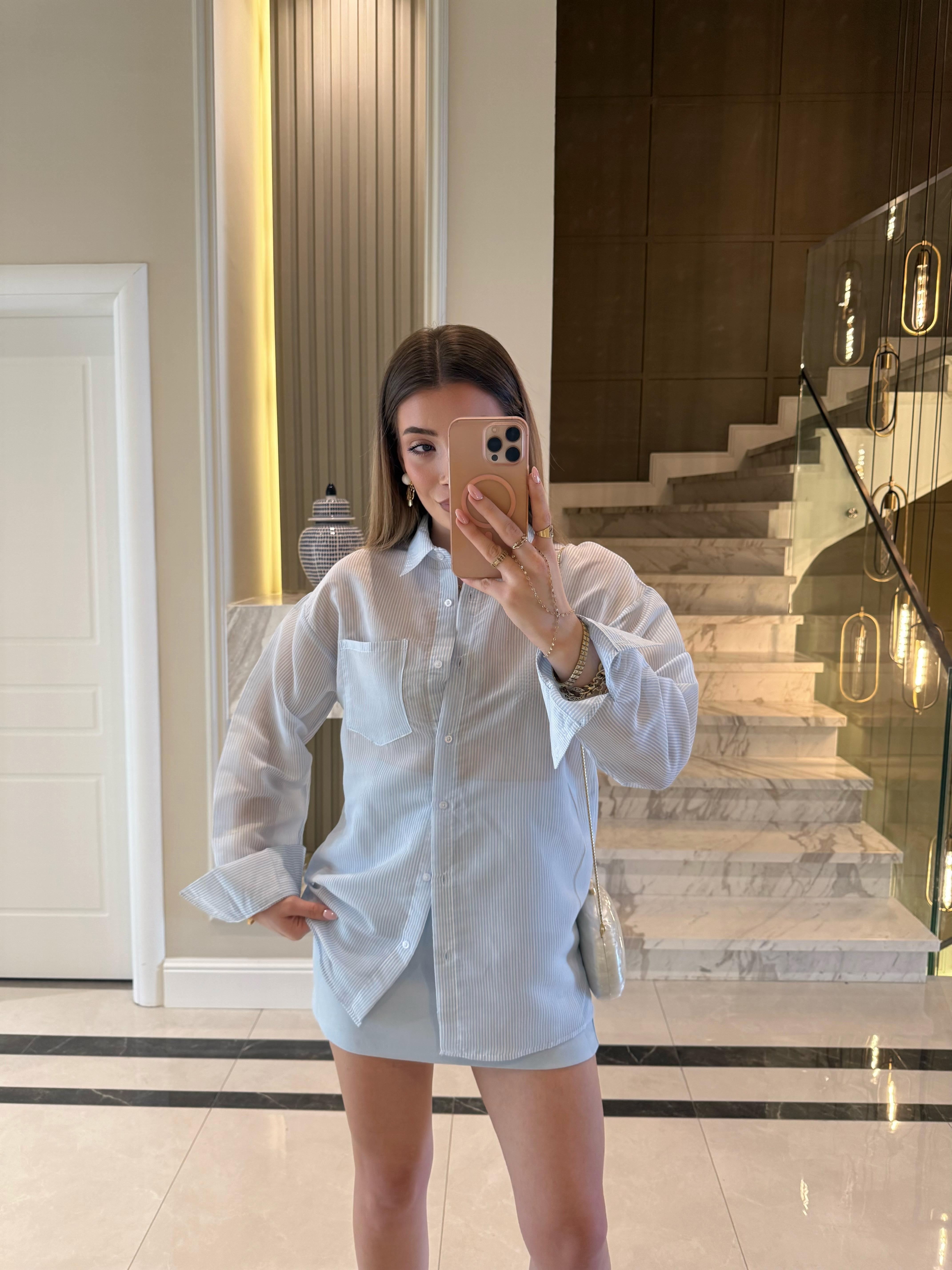 Mavi-Beyaz Çizgili Ms Oversize Gömlek 