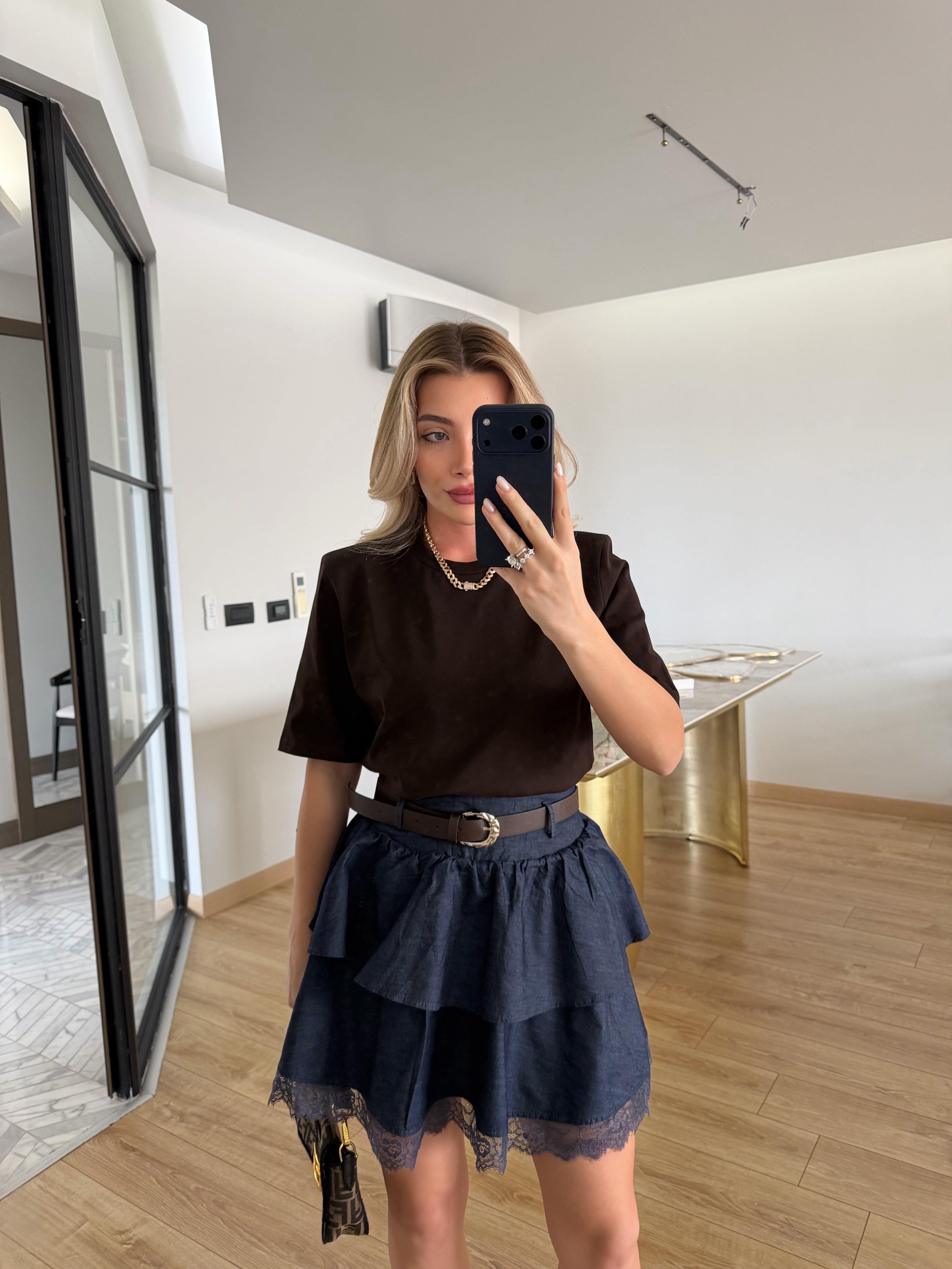 Mavi Dantelli Kemerli Kot Etek - 1016