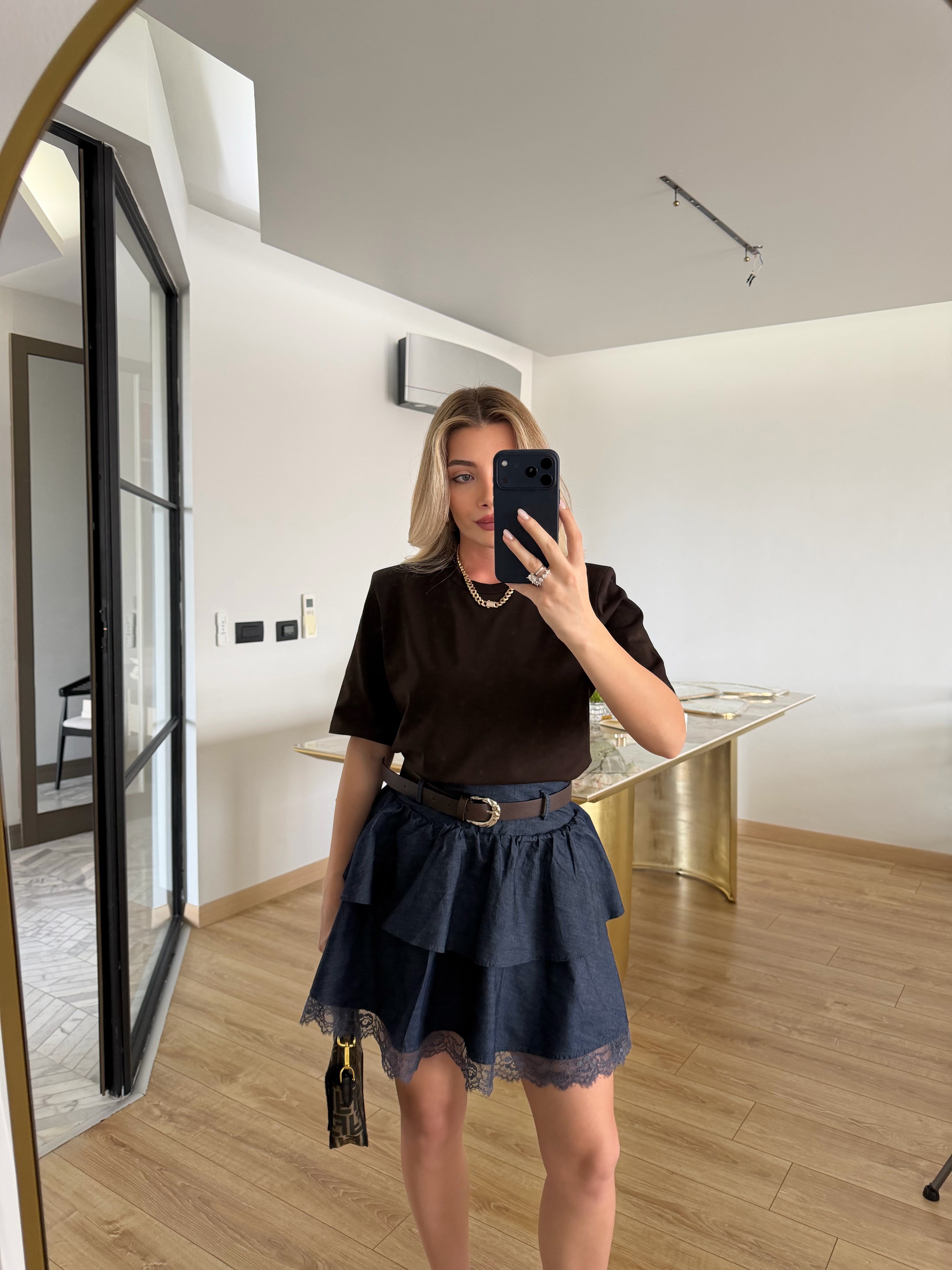 Mavi Dantelli Kemerli Kot Etek - 1016