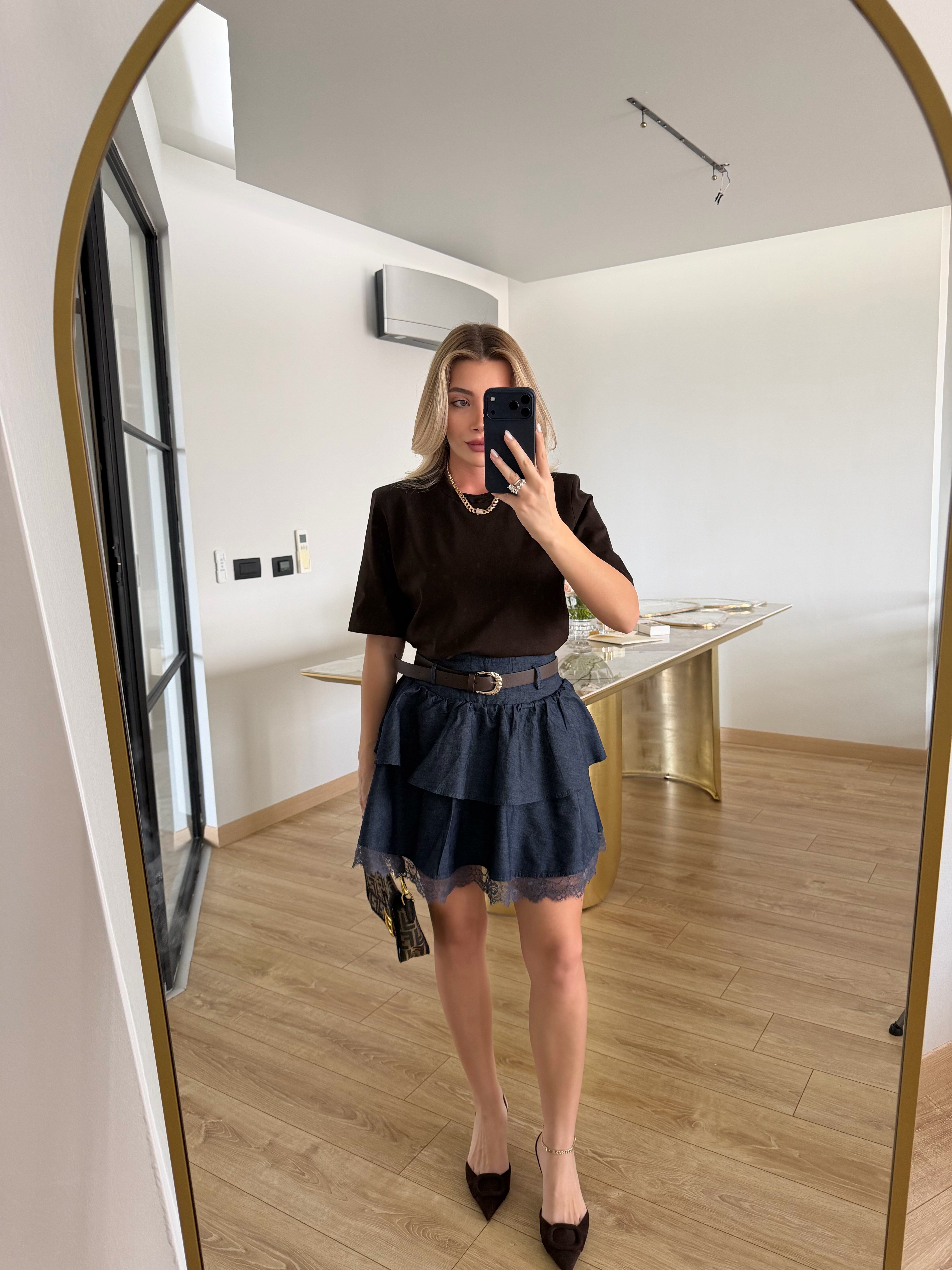 Mavi Dantelli Kemerli Kot Etek - 1016