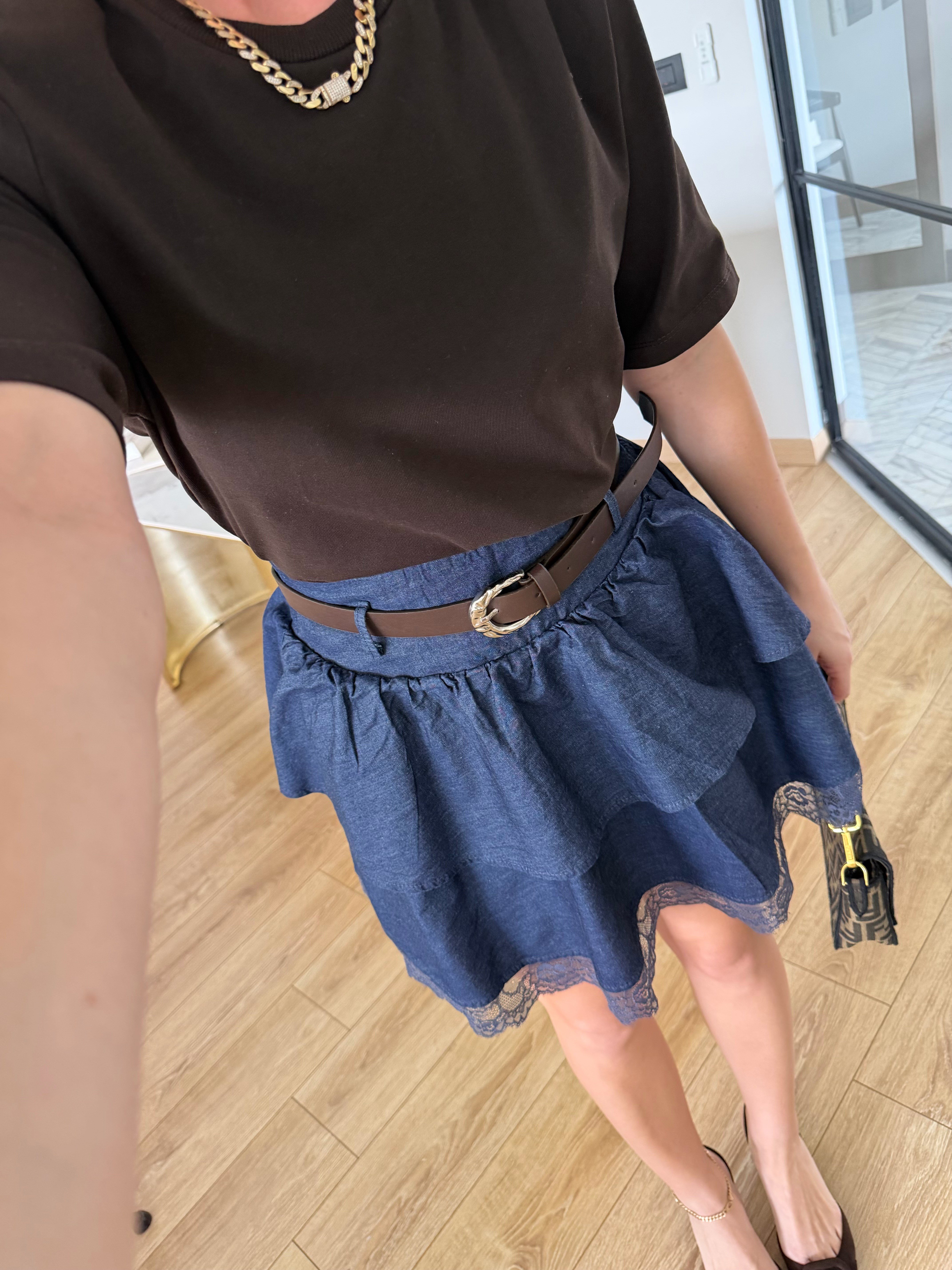 Mavi Dantelli Kemerli Kot Etek - 1016