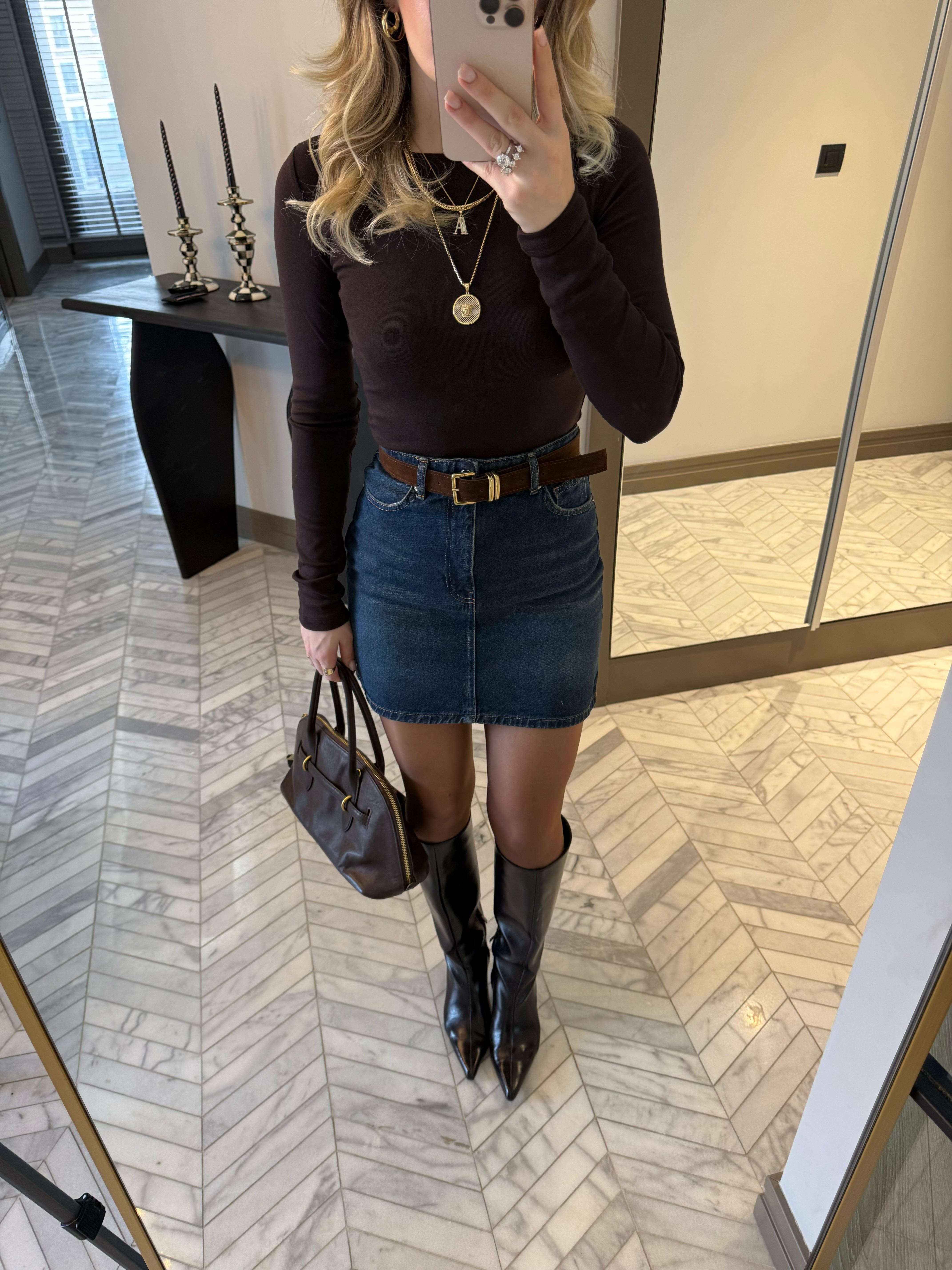 Mavi  Kemerli Denim Etek-1131