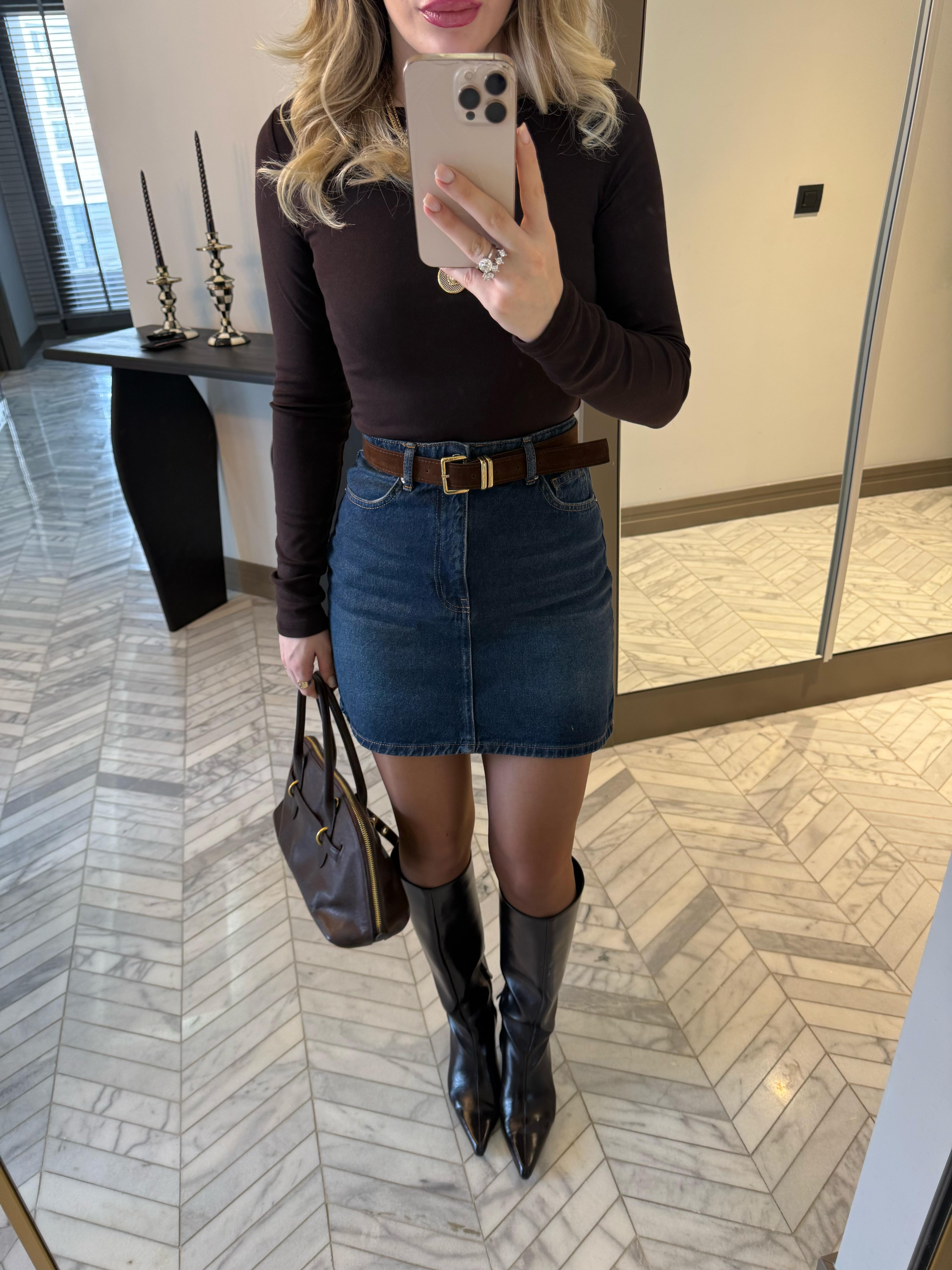 Mavi  Kemerli Denim Etek-1131