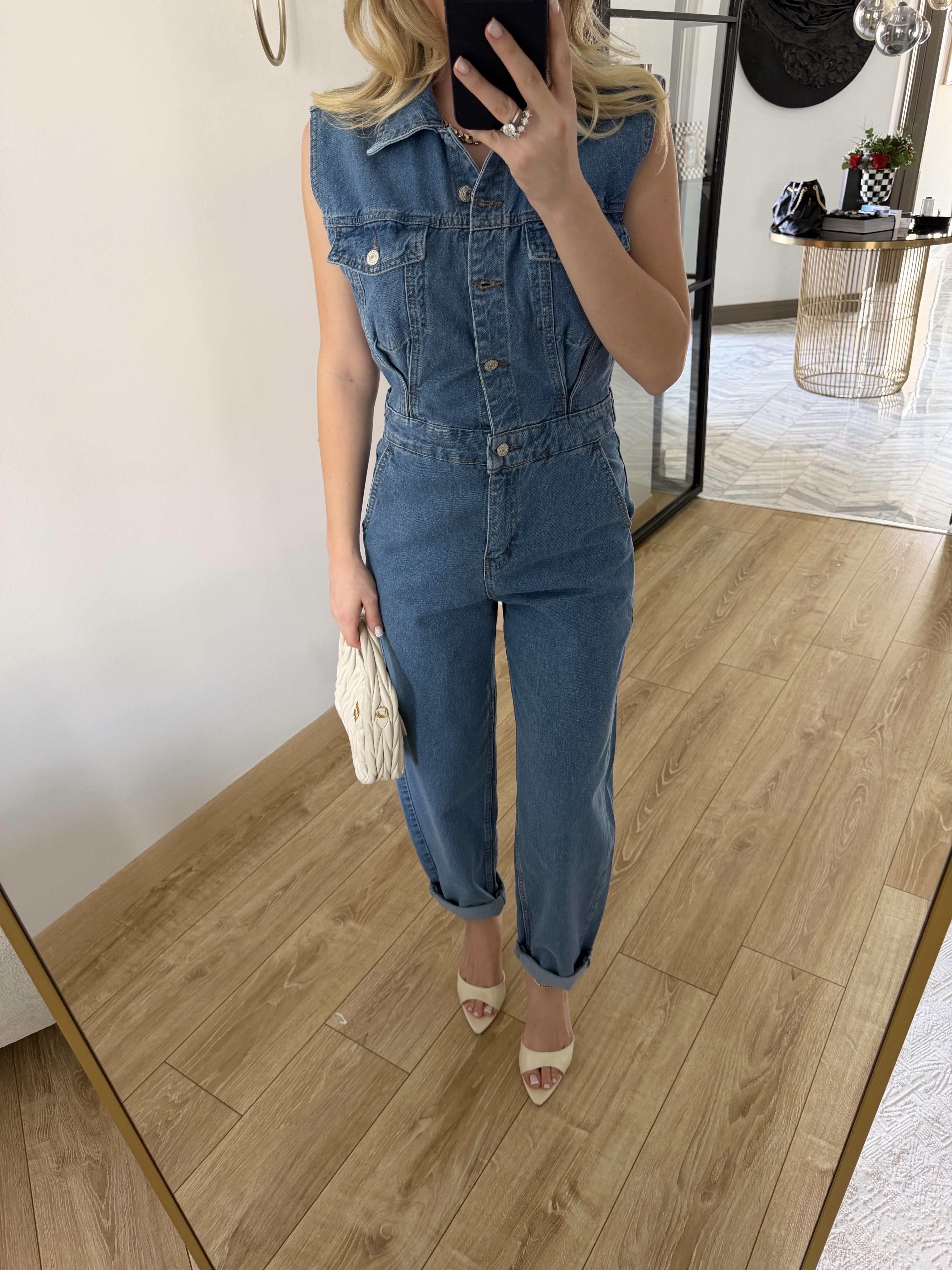 Mavi Sıfır Kollu Denim Tulum 