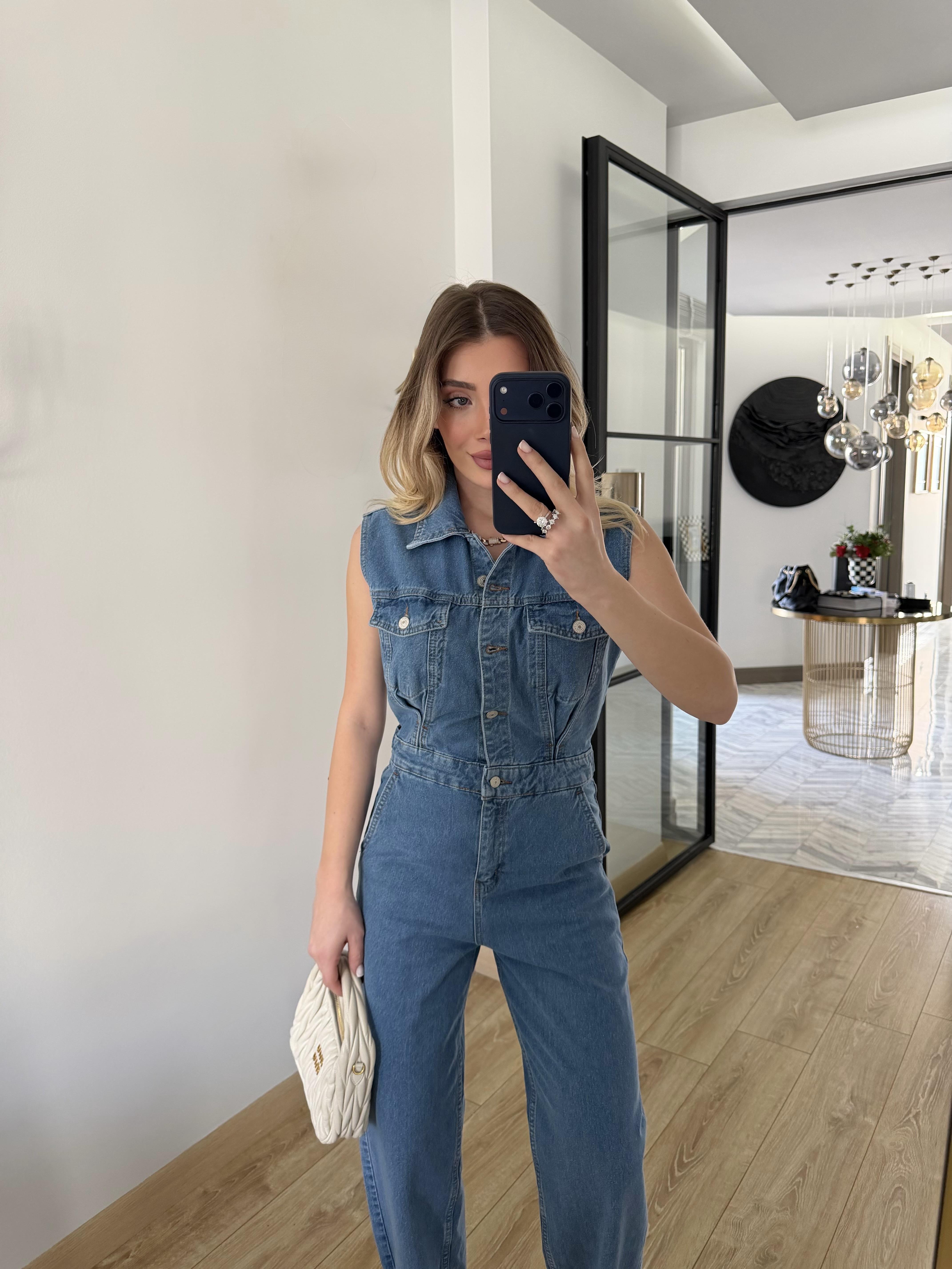 Mavi Sıfır Kollu Denim Tulum 