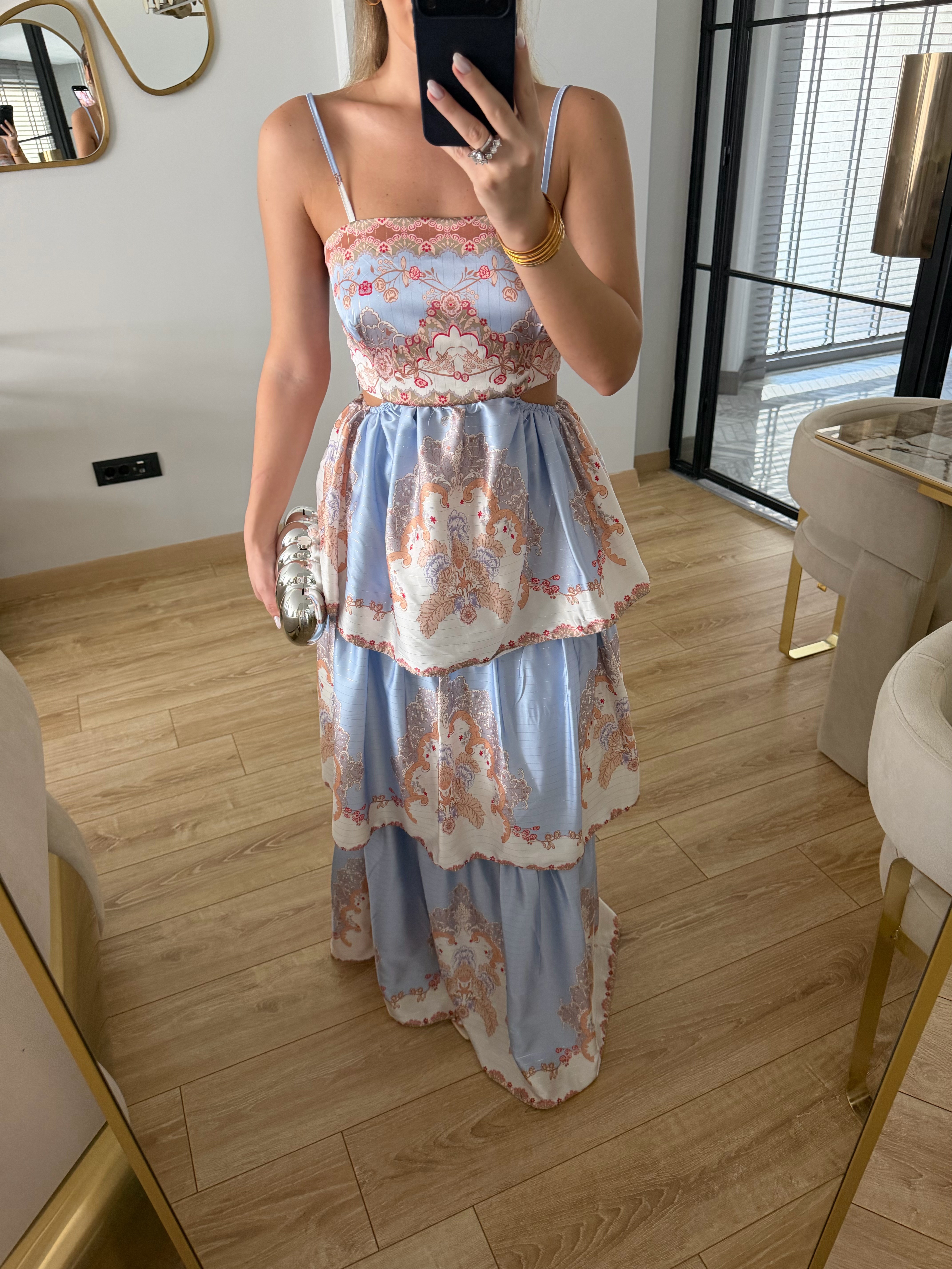Mavi Vintage Desenli Katlı Elbise 