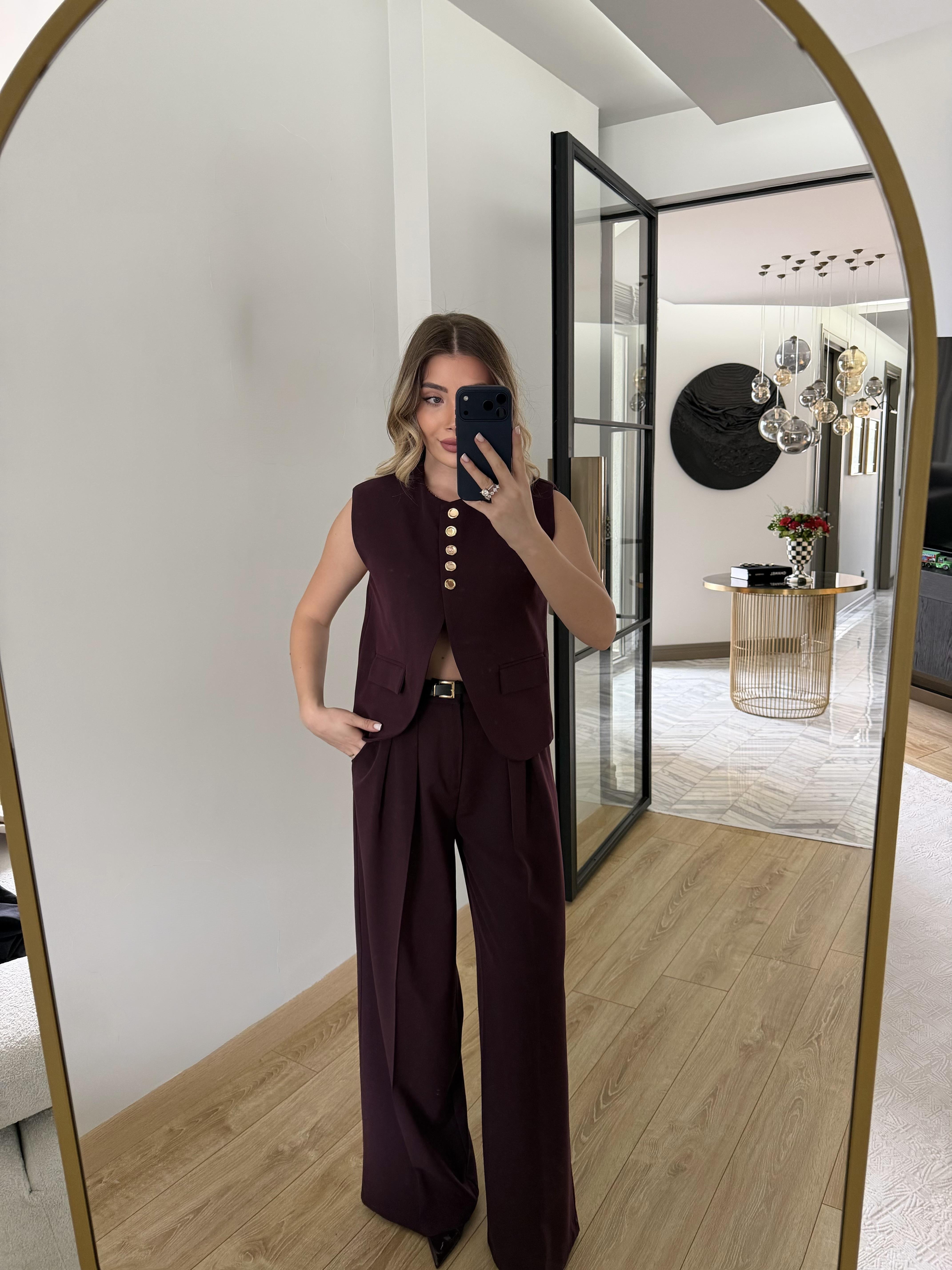 Mürdüm Kemerli Yelek Pantolon Takım-9716