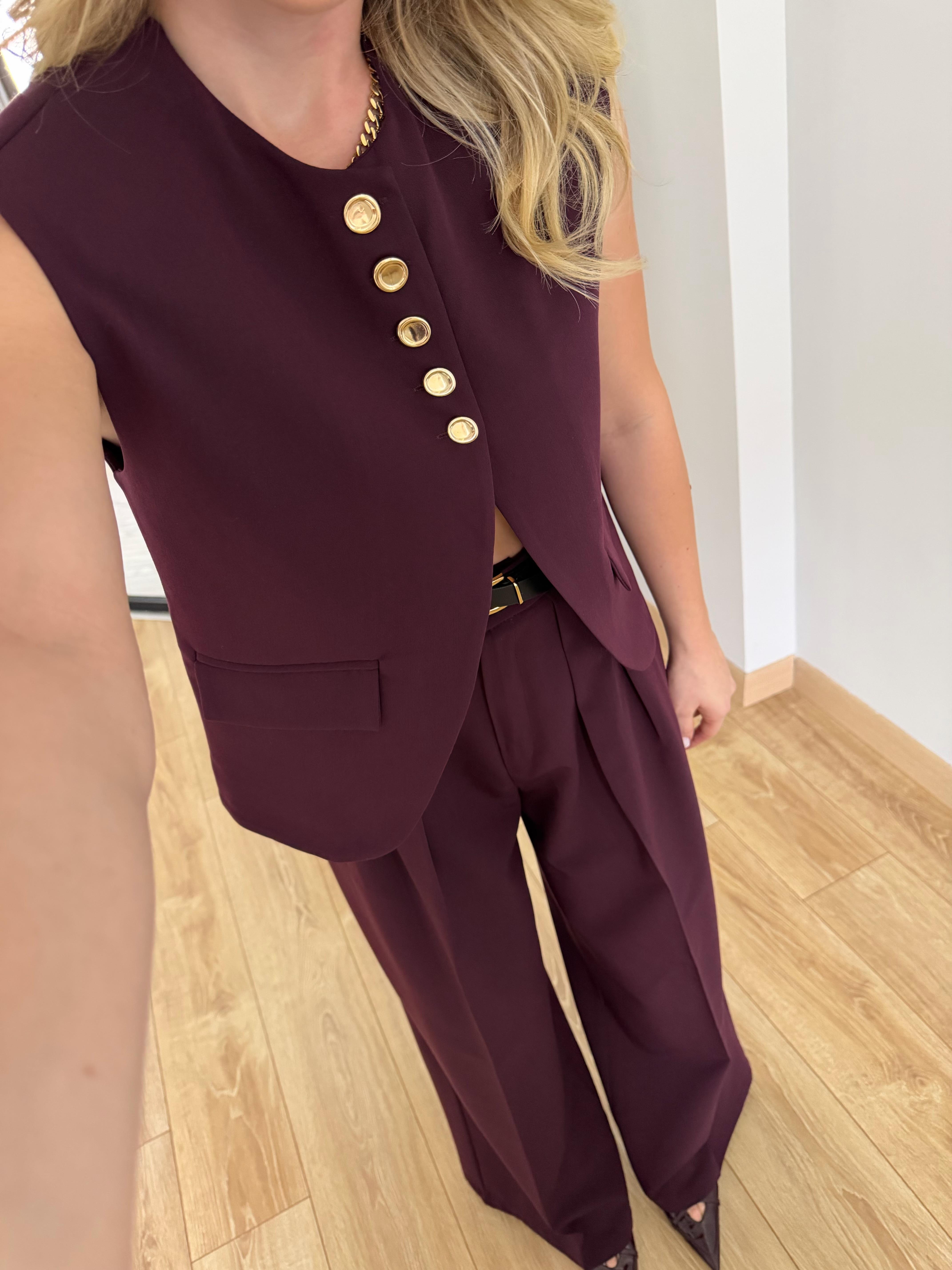 Mürdüm Kemerli Yelek Pantolon Takım-9716