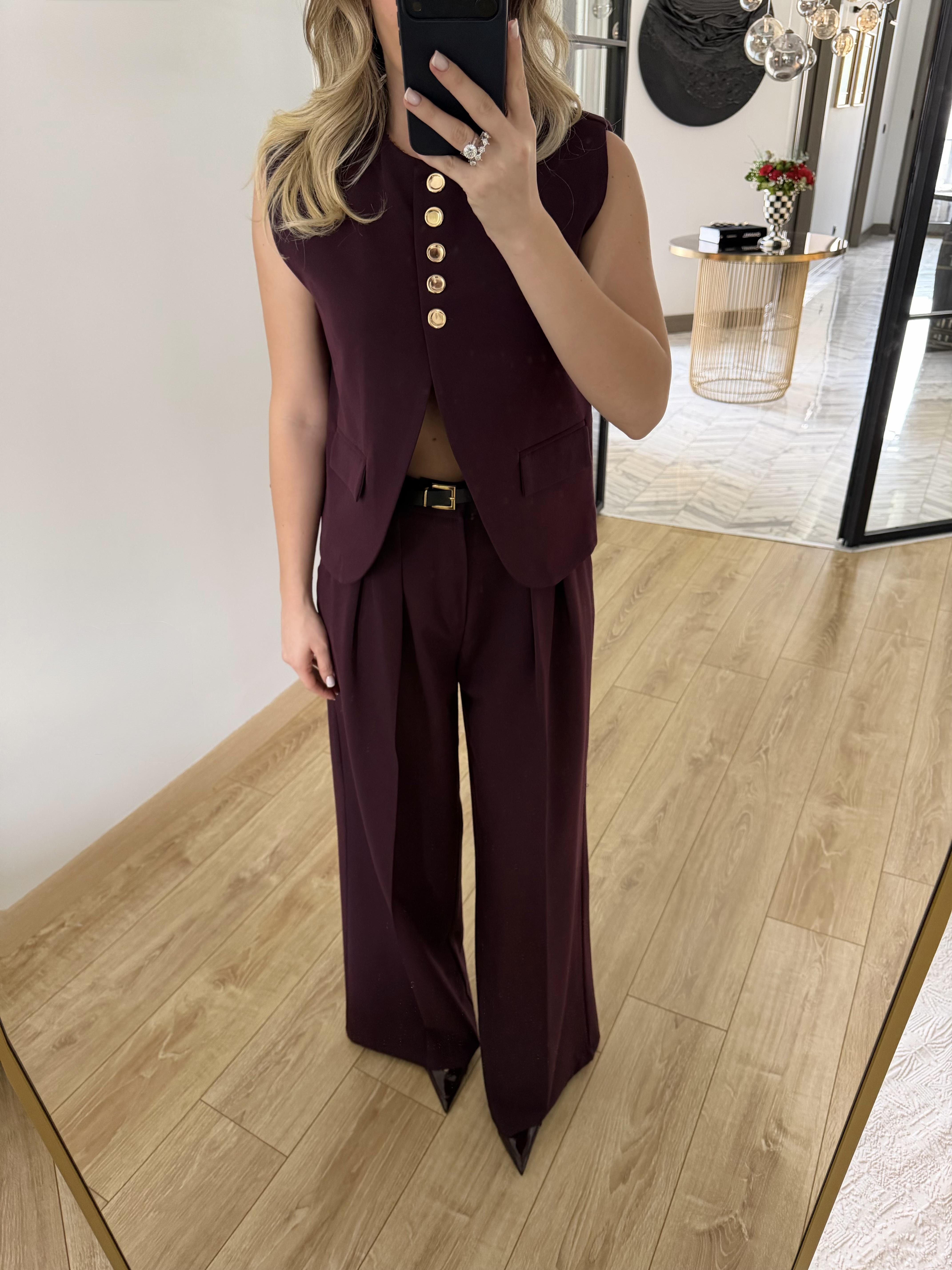 Mürdüm Kemerli Yelek Pantolon Takım-9716