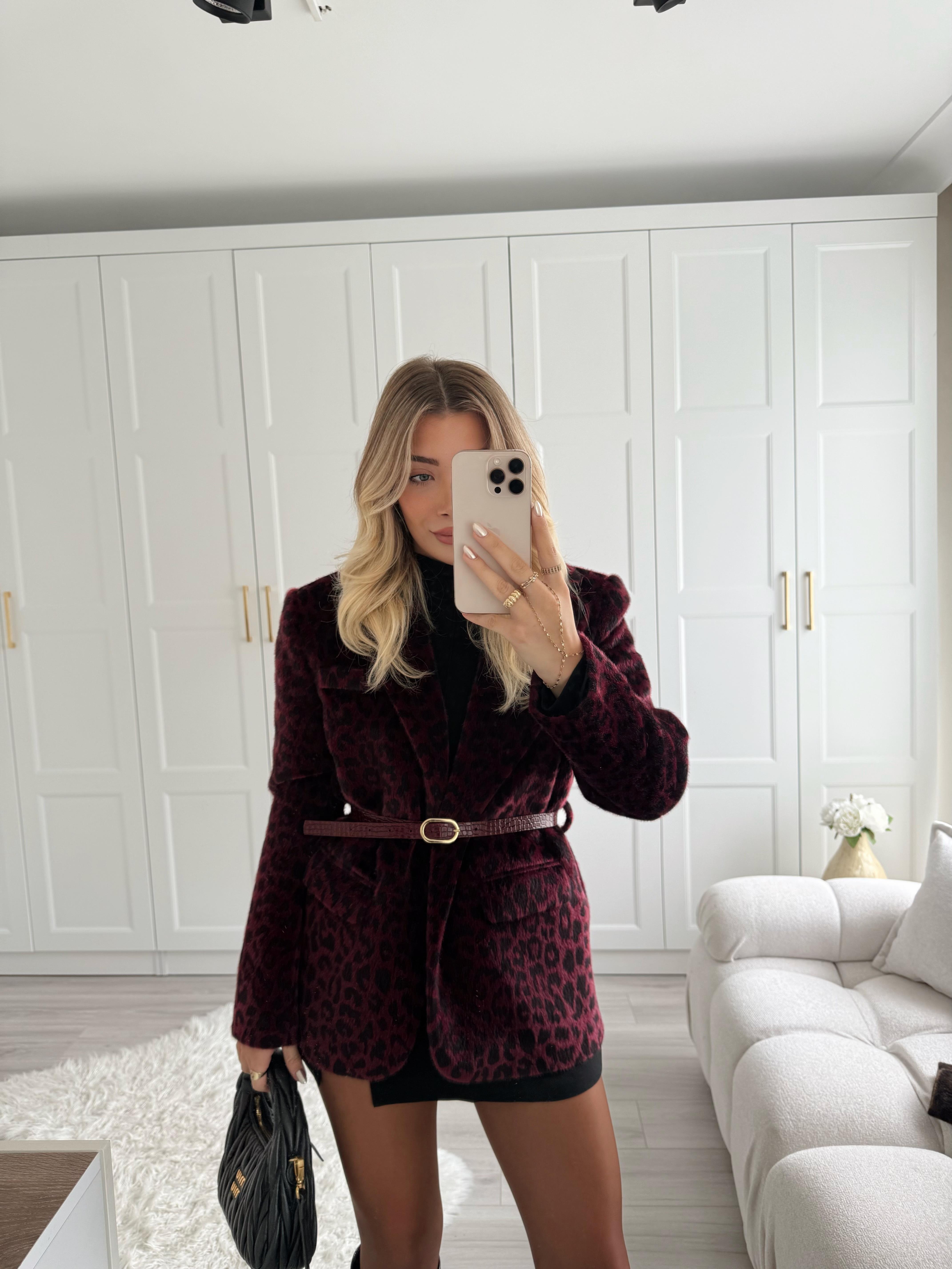 Mürdüm Leopar Desenli Peluş Ceket-9490