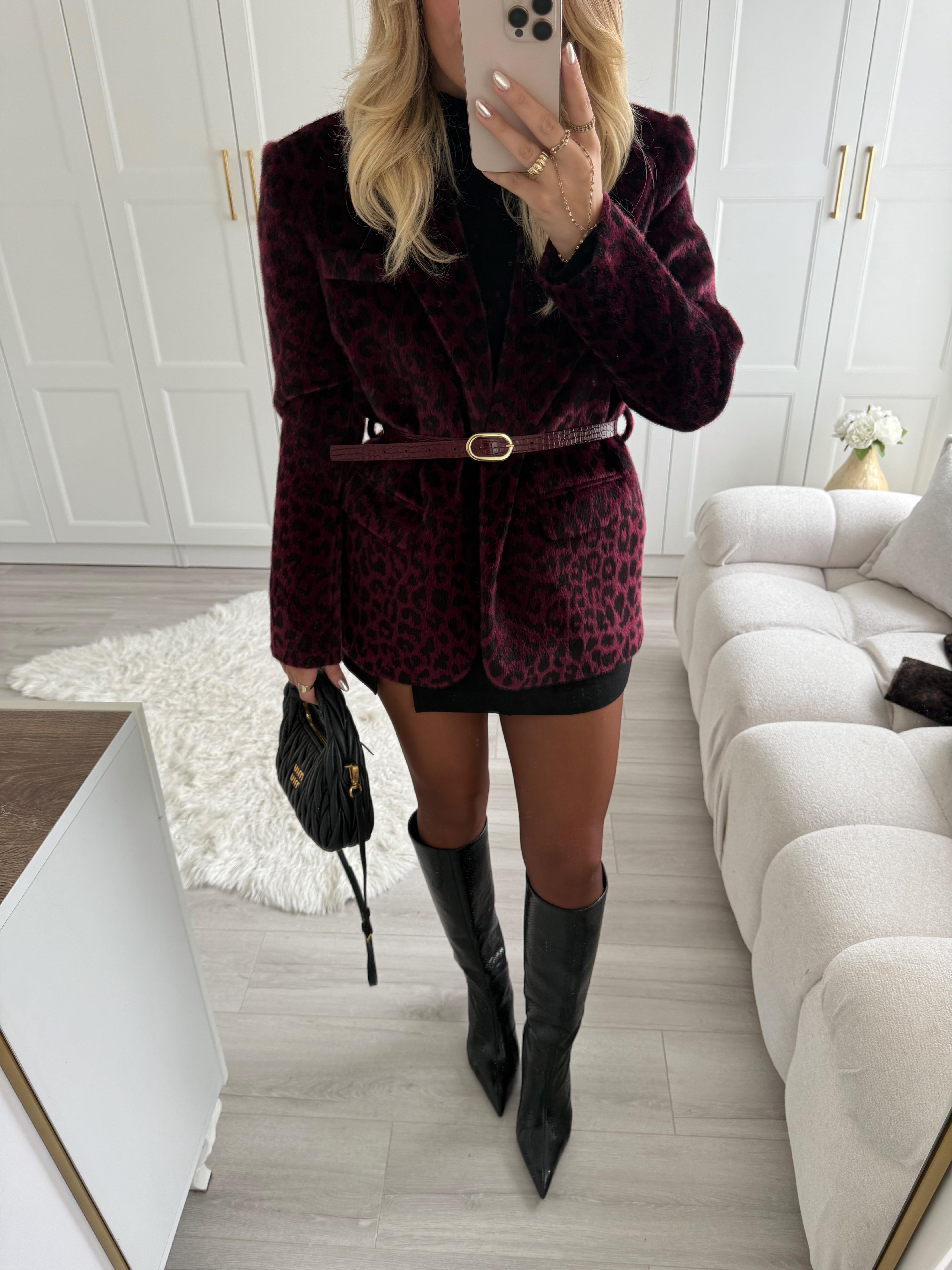 Mürdüm Leopar Desenli Peluş Ceket-9490