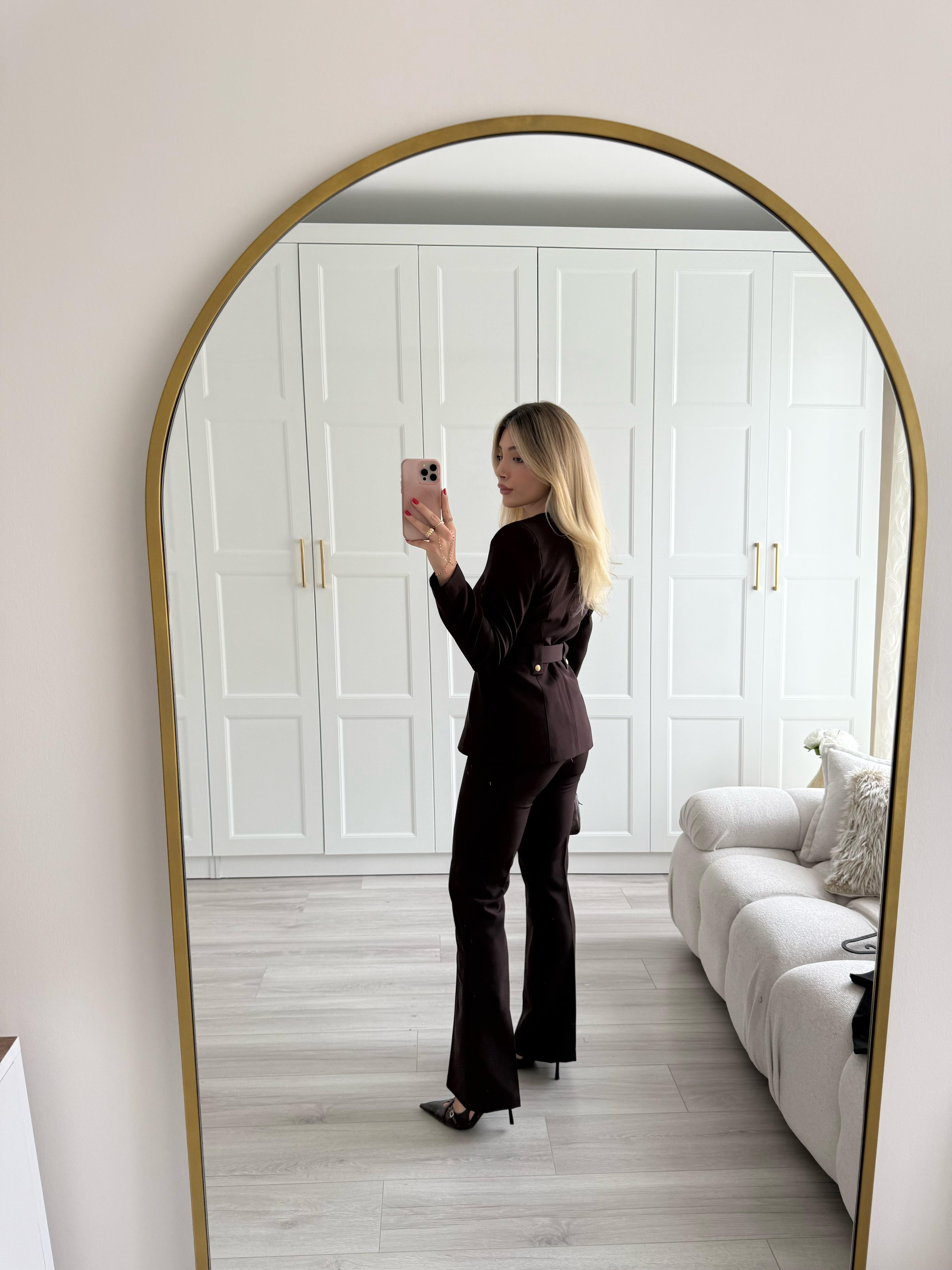 Kahve Sıfır Yakalı Kemerli Ceket Pantolon İkili Takım