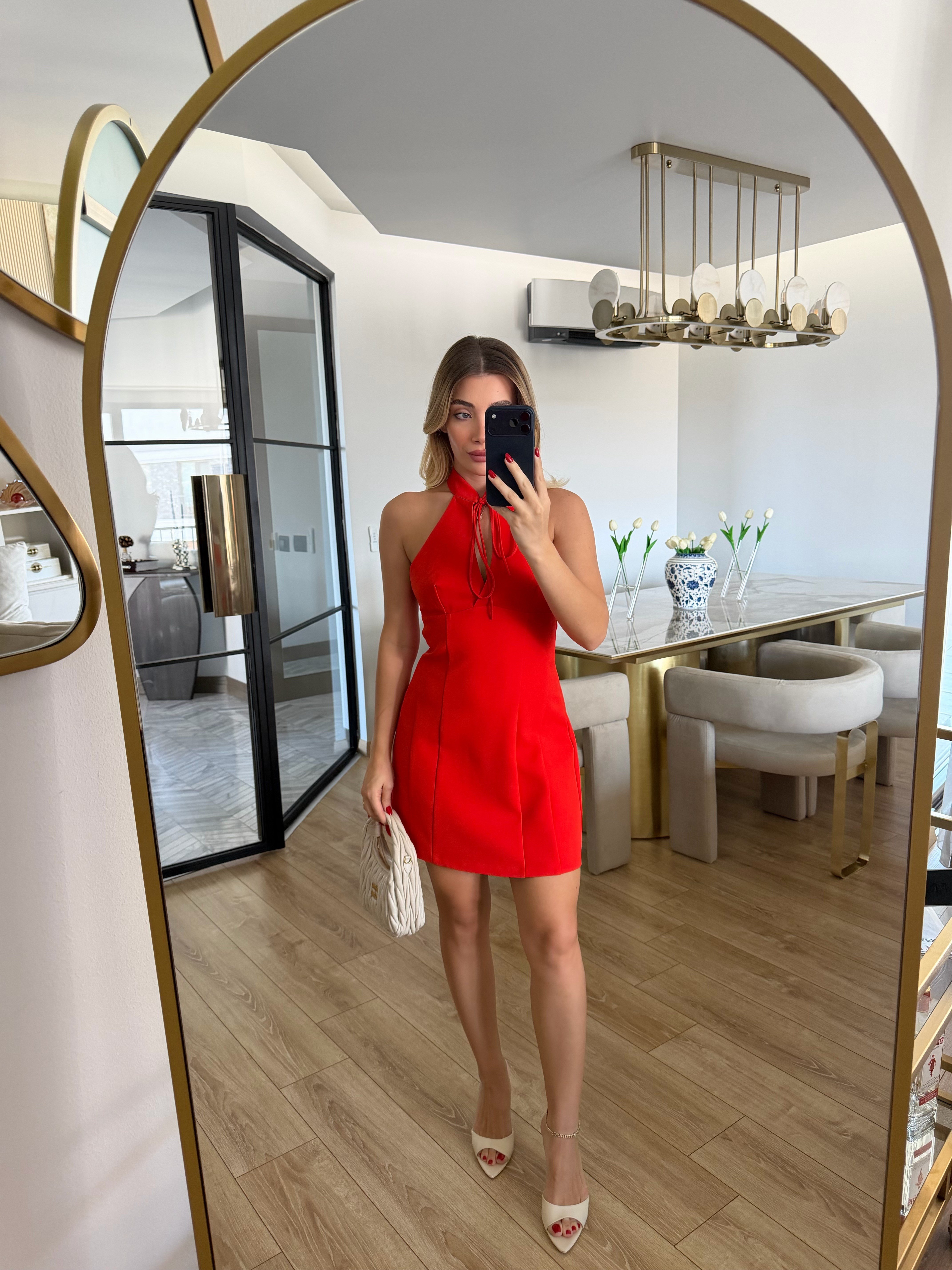 Nar Çiçeği Halter Yaka Mini Elbise- 12466