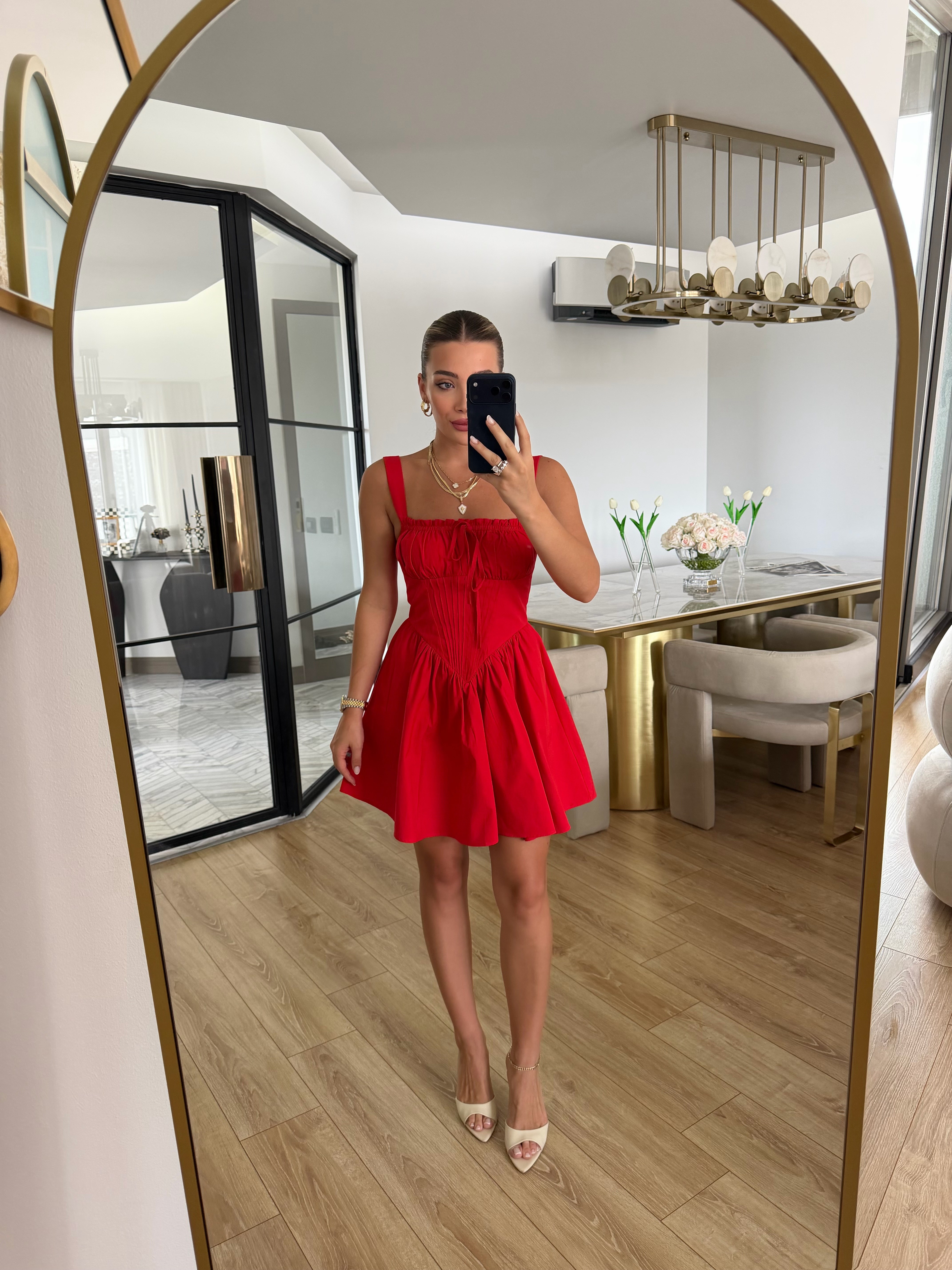 Nar Çiçeği Nervür Detaylı Mini Elbise-12455